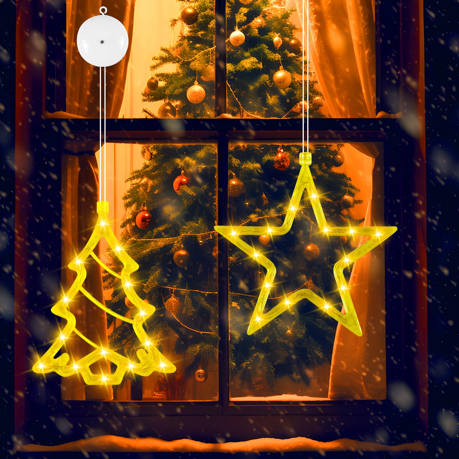 Funmo 2 Piezas Luces de Decoración Navideña,Luces de Navidad,Cortina de Luces a Pilas,Con ventosa,Para Decoración Fiestas Navideñas Interiores Exteriores(Blanca Cálida)(A)