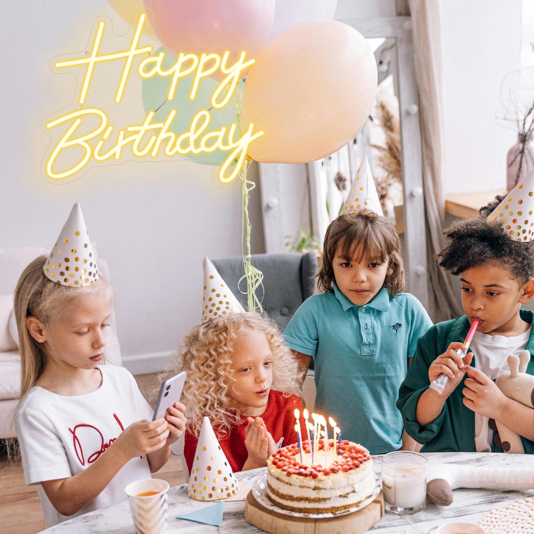 neonowy znak "Happy Birthday" na tle, podświetlany znak LED "Happy Birthday", zasilane przez USB, ściemniane światło neonowe na przyjęcie urodzinowe, dekoracja ścienna, ciepła biel