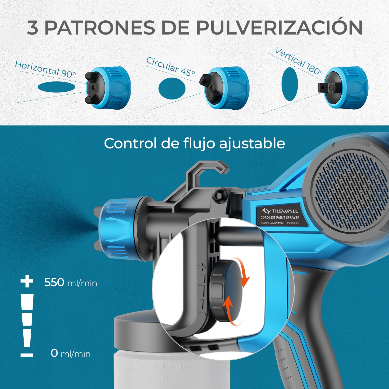 Tilswall Pistola Pintura Alien500 Ideal para Principiantes, Eléctrico Pistola de Pintura Ultraligera Fácil de Usar y Limpiar, Multiusos con 4 boquillas y 3 Patrones para Paredes y Techos