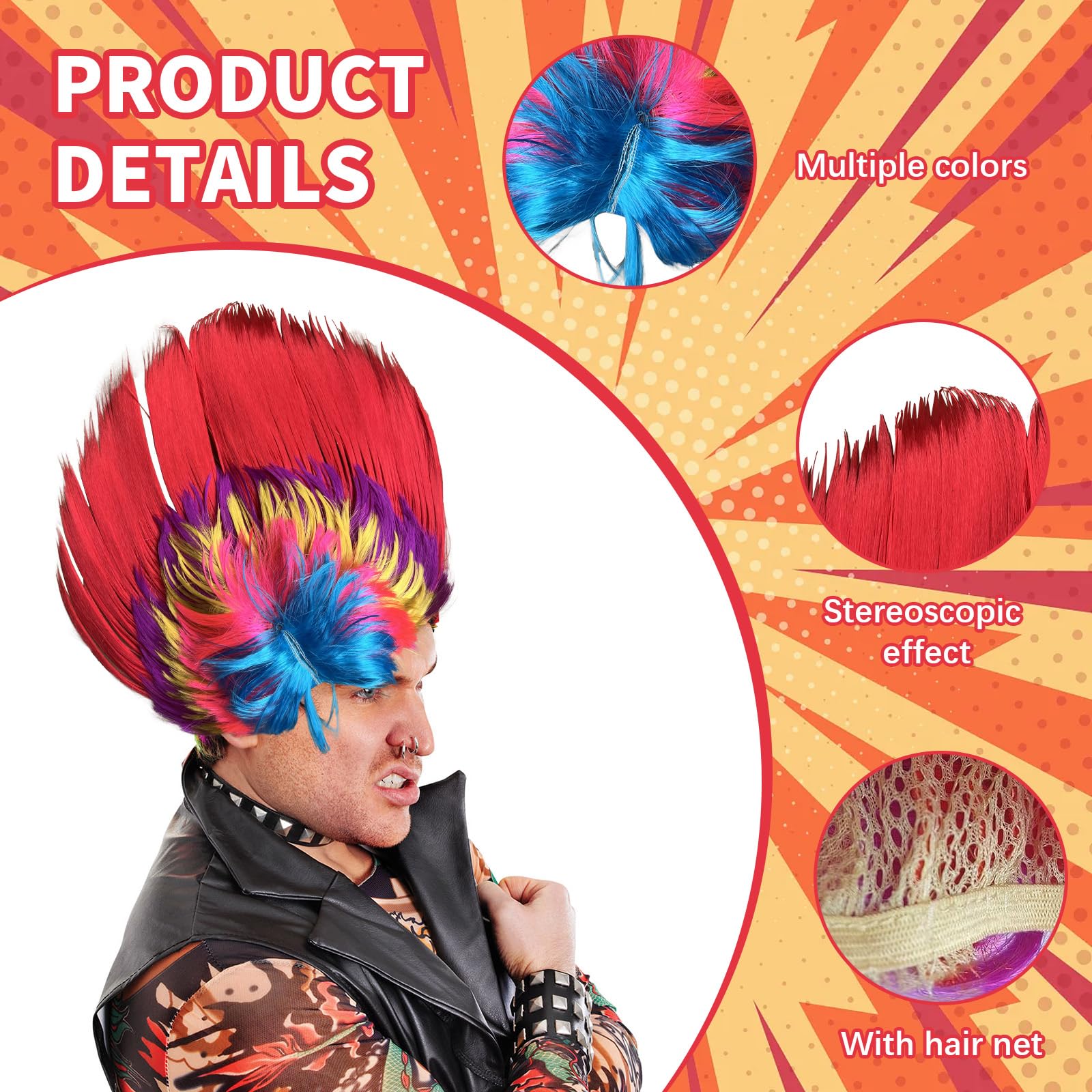 Leogony Punk Mohican Wig, Multi-Coloured 80s Rocker Funny Wigs for Fancy Dress Party Accessories, Multicolor - Image 3