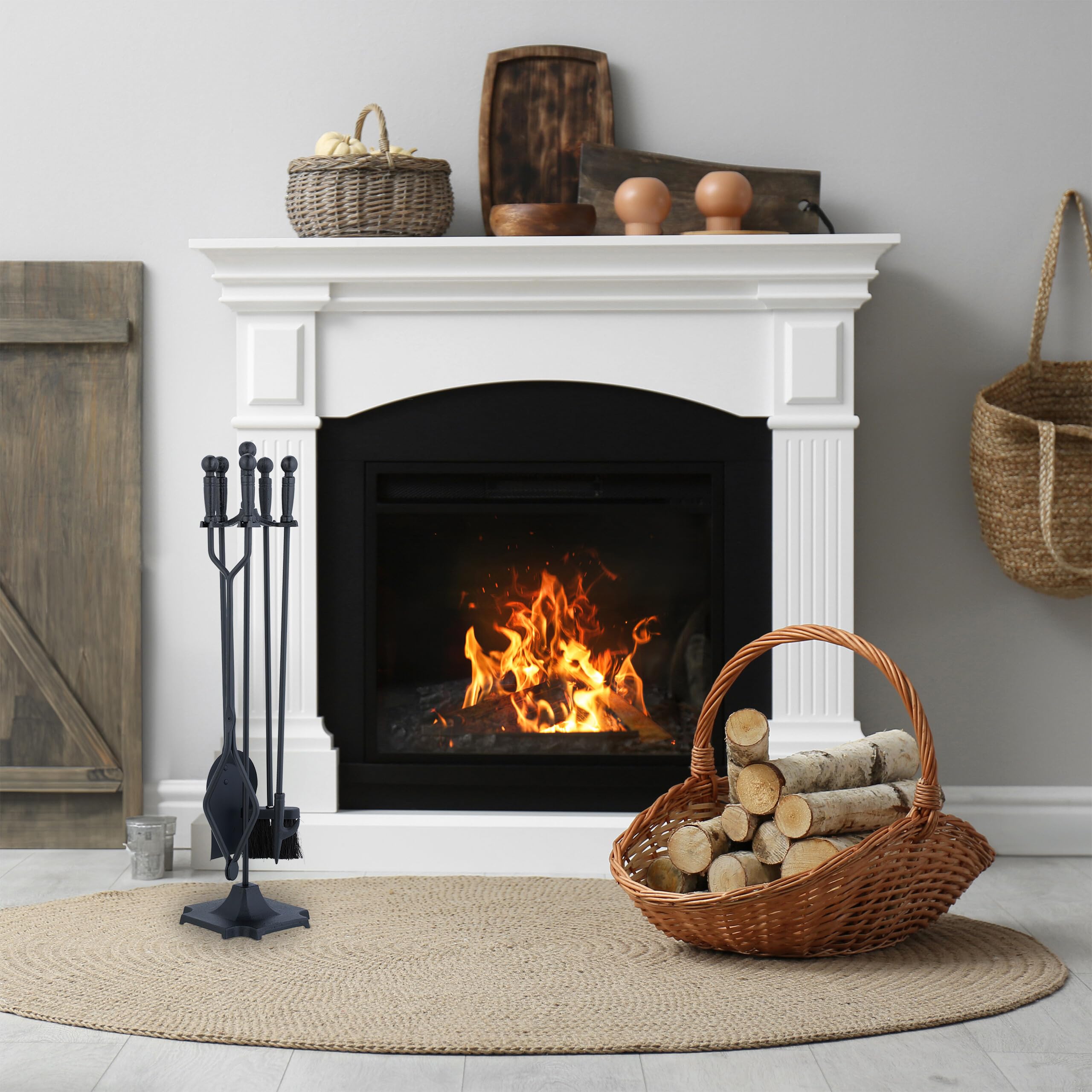 Relaxdays Couverts de cheminée, Lot de 5 pièces, tisonnier, Pelle, Balai à Cendres, Pince, serviteur, poêle Bois, Noir