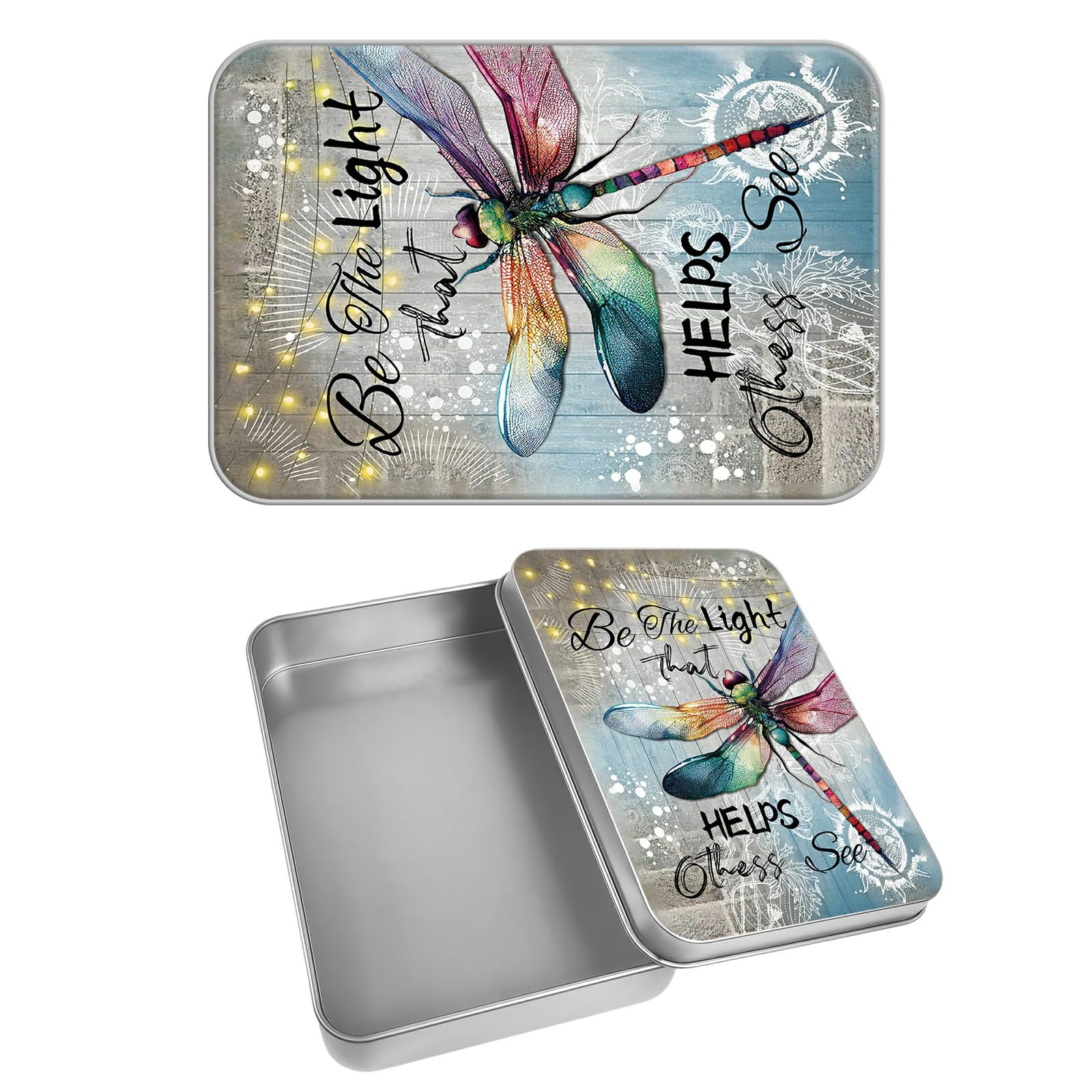 Rectangular Metal Tin Box with Removable Lid, Dragonfly Light Decorative Printed Metal Storage Container for Cards, Diaries, Home Organization 4.53 x 3.35 x 0.86 inch– Single Pack