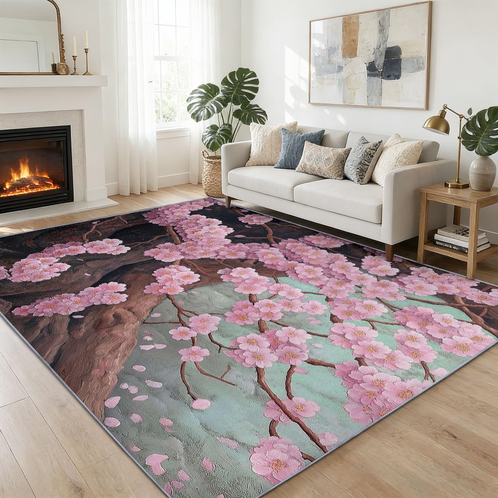 120 x 180 cm Dywan można prać w pralce Eleganckie gałązki rośliny wiśnia kwiat kwiatowy, antypoślizgowy, ultramiękki antypoślizgowy dywanik flanelowy do pokoju dziecięcego, salonu i łazienki - łatwy
