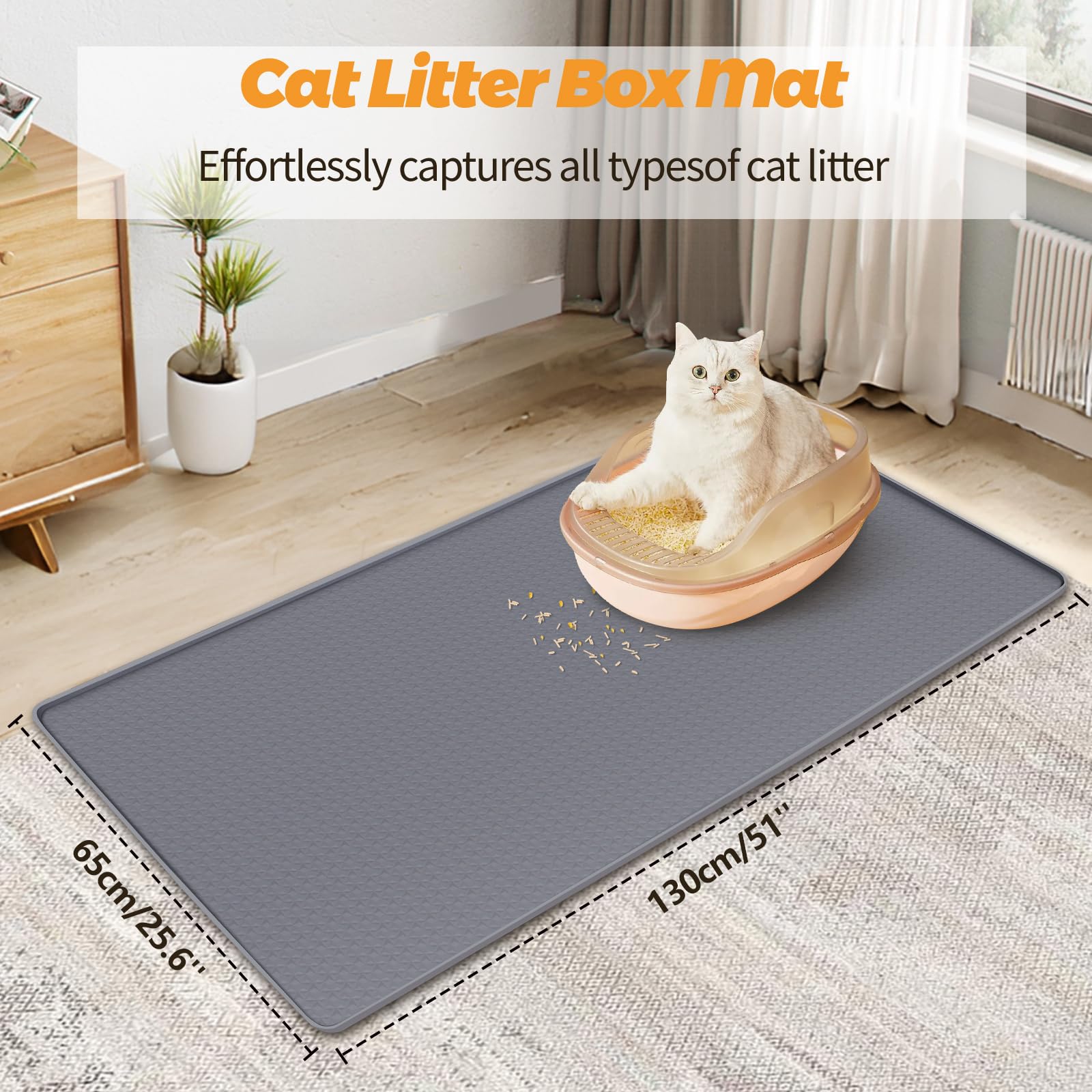 Bartuke Cat Litter Mat, Extra Large 51" x 26" Silicone Mat Litter Trapping Mat for Scatter Control Soft on Kitty Paws - Image 2