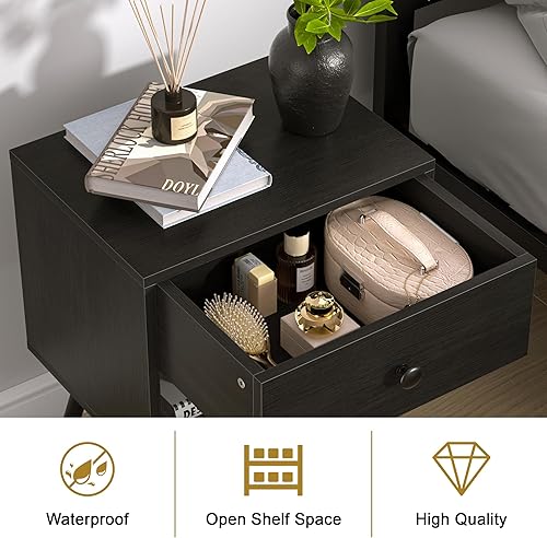 Miniatura 4 de VECELO Juego de 2 mesitas de noche, mesa de noche moderna de mediados de siglo, mesita de noche con cajón de almacenamiento y estante abierto de 2