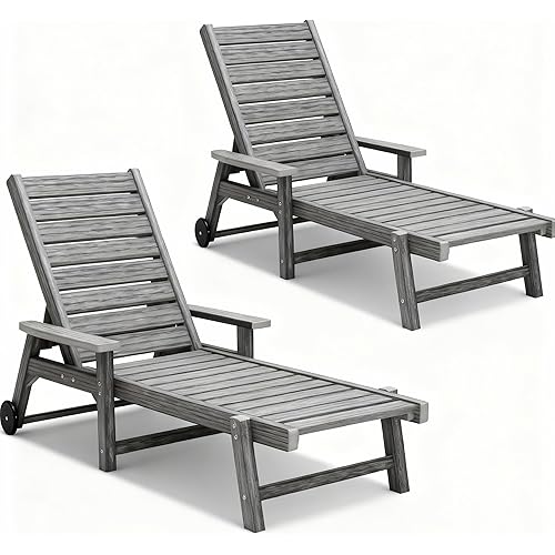 Patio Chaise Lounges Set of 2, HDPE Outdoor Lounge Chairs with Adjustable Backrest, Wheels, Armrest, All Weather Poly Lumber Recliner for, Poolside, Porch, 350lbs Weight Capacity (Grey)
