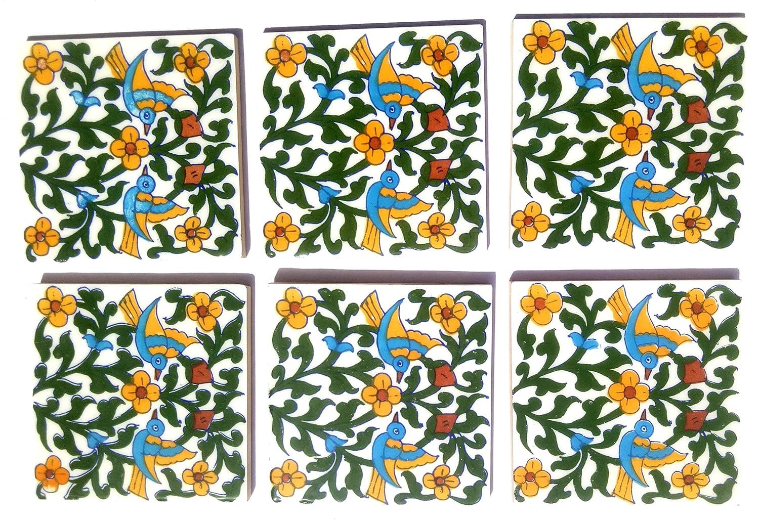 Blue Pottery Home Decorative Ceramic Wall Hanging Tile Design Flooring Tiles Floral Kitchen Washroom Mosaic Furniture Tile Handmade Backsplash 4 x 4 Inches (Pack of 6, Multicolor)-image-38