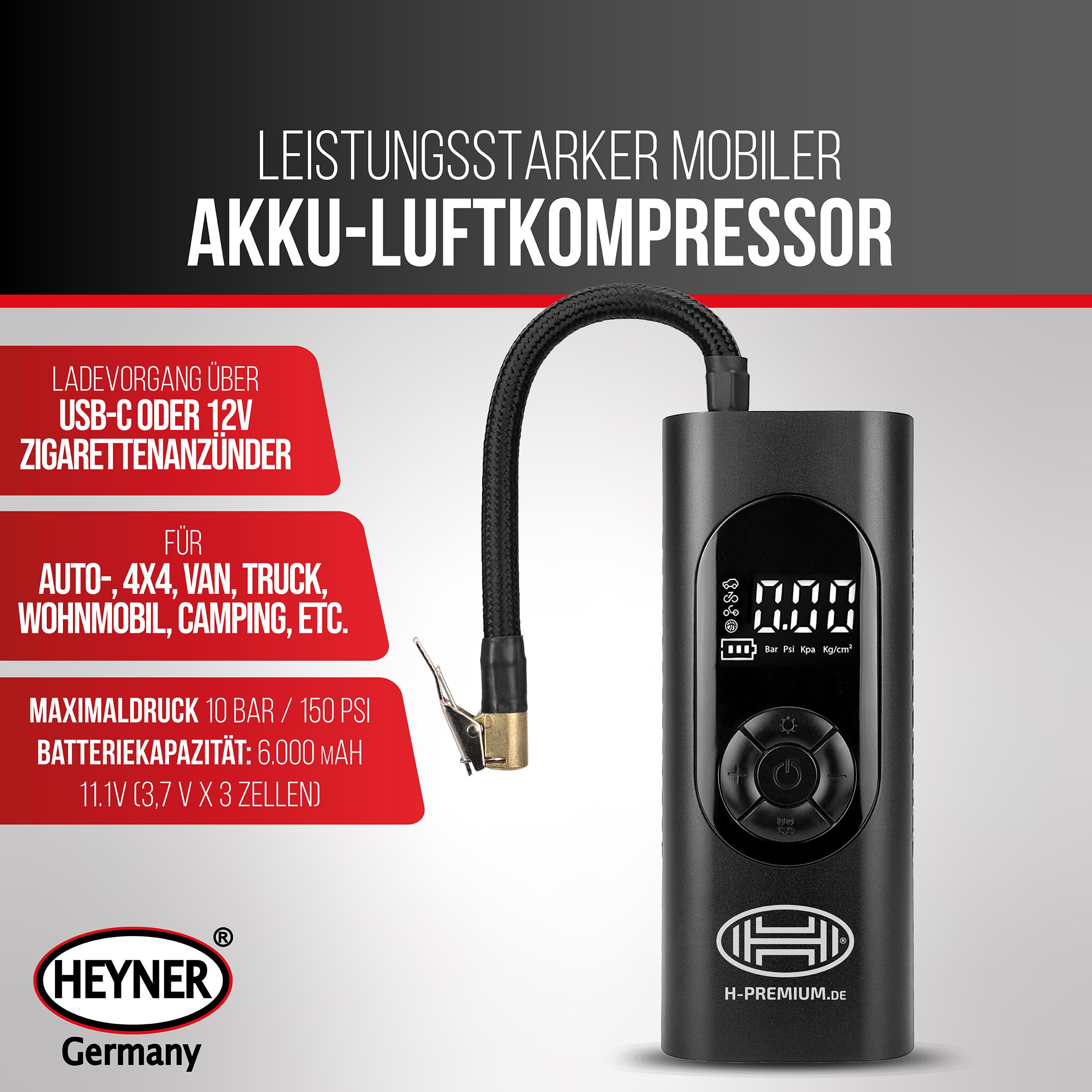 HEYNER® Luftkompressor mit 6000 mAh Akku, 10 bar, Auto-Stopp, LCD-Anzeige | Livebetrieb über 12 V am Fahrzeug, Powerbank mit 5 V / 2 A, LED-Licht mit SOS-Signal, Für Auto, Motorrad, Fahrrad und Camping