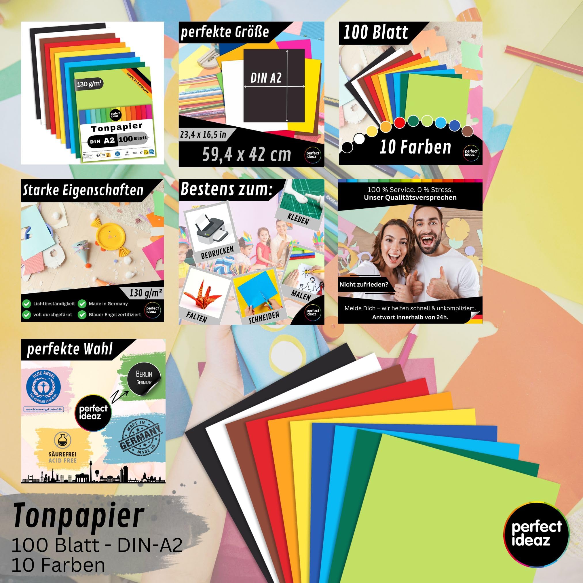 perfect ideaz - Tonpapier DIN A2 – 100 Blatt, 10 kräftige Farben, 130 g/m², voll durchgefärbt & lichtbeständig, Blauer Engel zertifiziert, Made in Germany – Bastelkarton