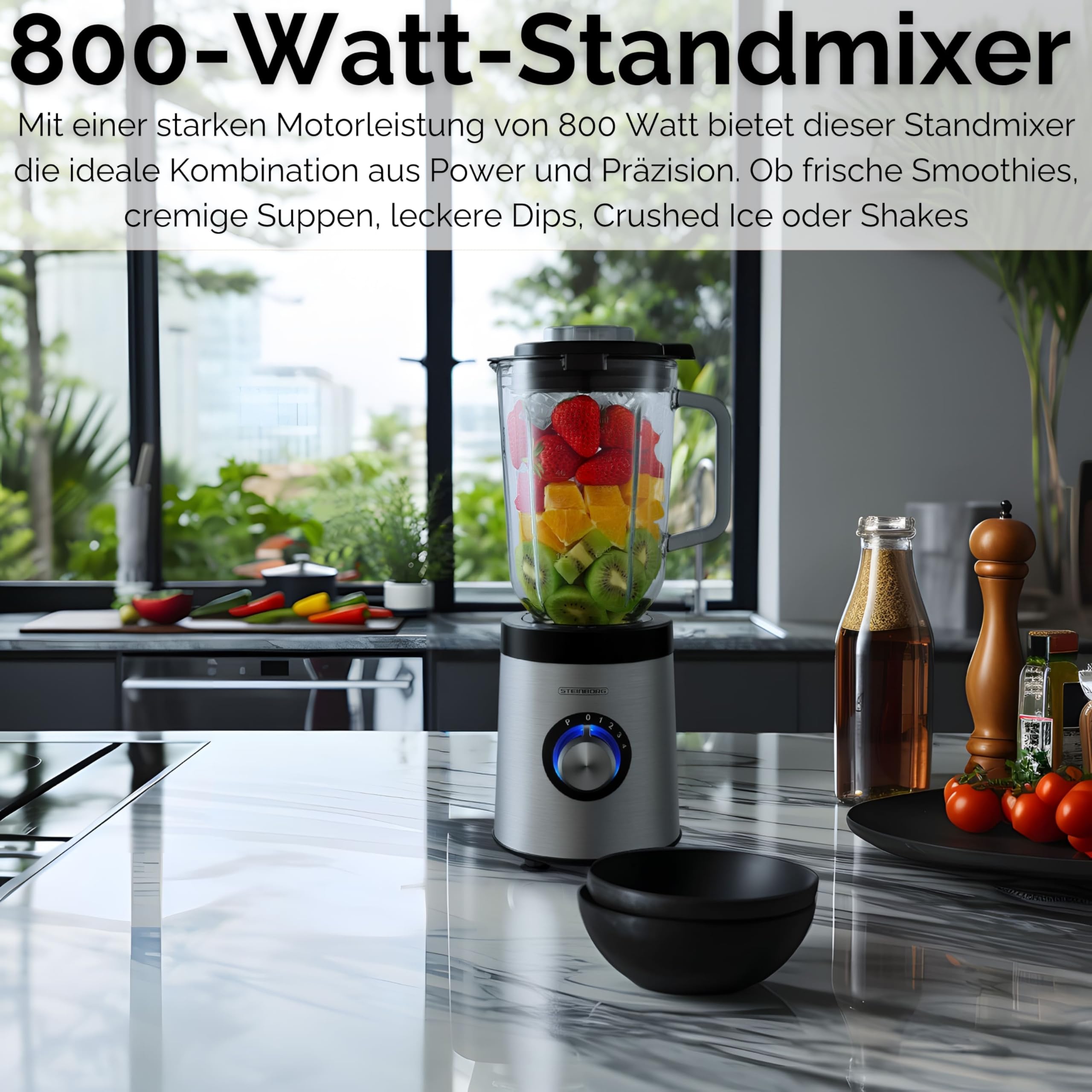Standmixer 800 Watt 6-Fach Metallmesser 1,5 Liter 5 Stufen Glas Edelstahl Pulsfunktion Universal Power Mixer Eiweiß Shaker Hand Blender Ice Crusher Zerkleinerer Smoothie Maker Stand Mixer