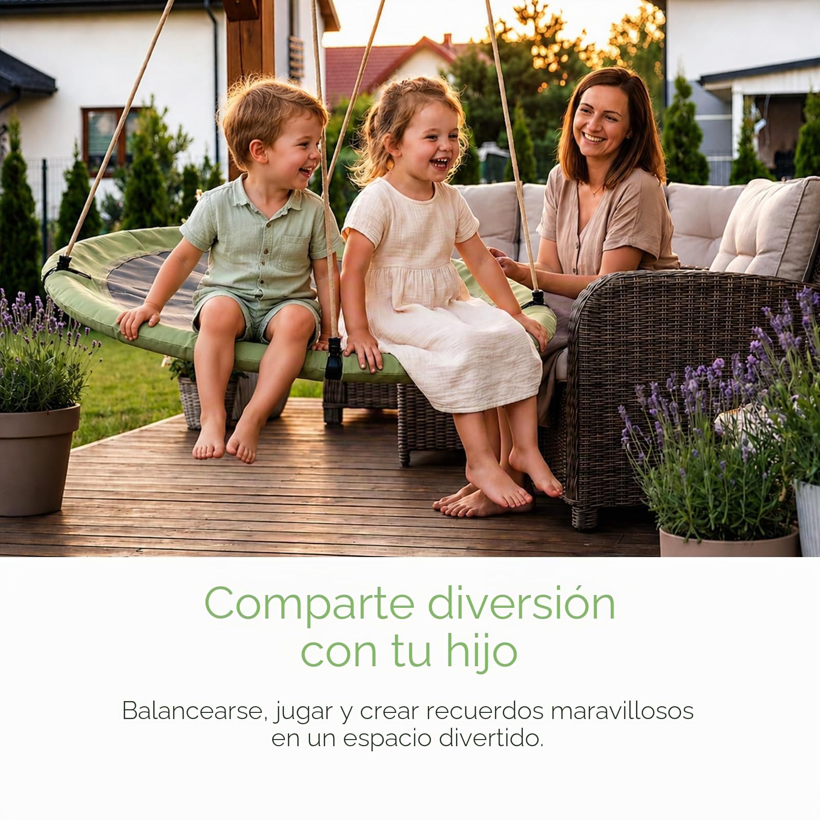 Columpio Nido 120 cm para Niños y Adultos, Columpio de Jardín Exterior e Interior con Cuerda Ajustable, Gran Resistencia hasta 300 kg, Asiento Redondo Robusto y Segurom, Verde grisáceo