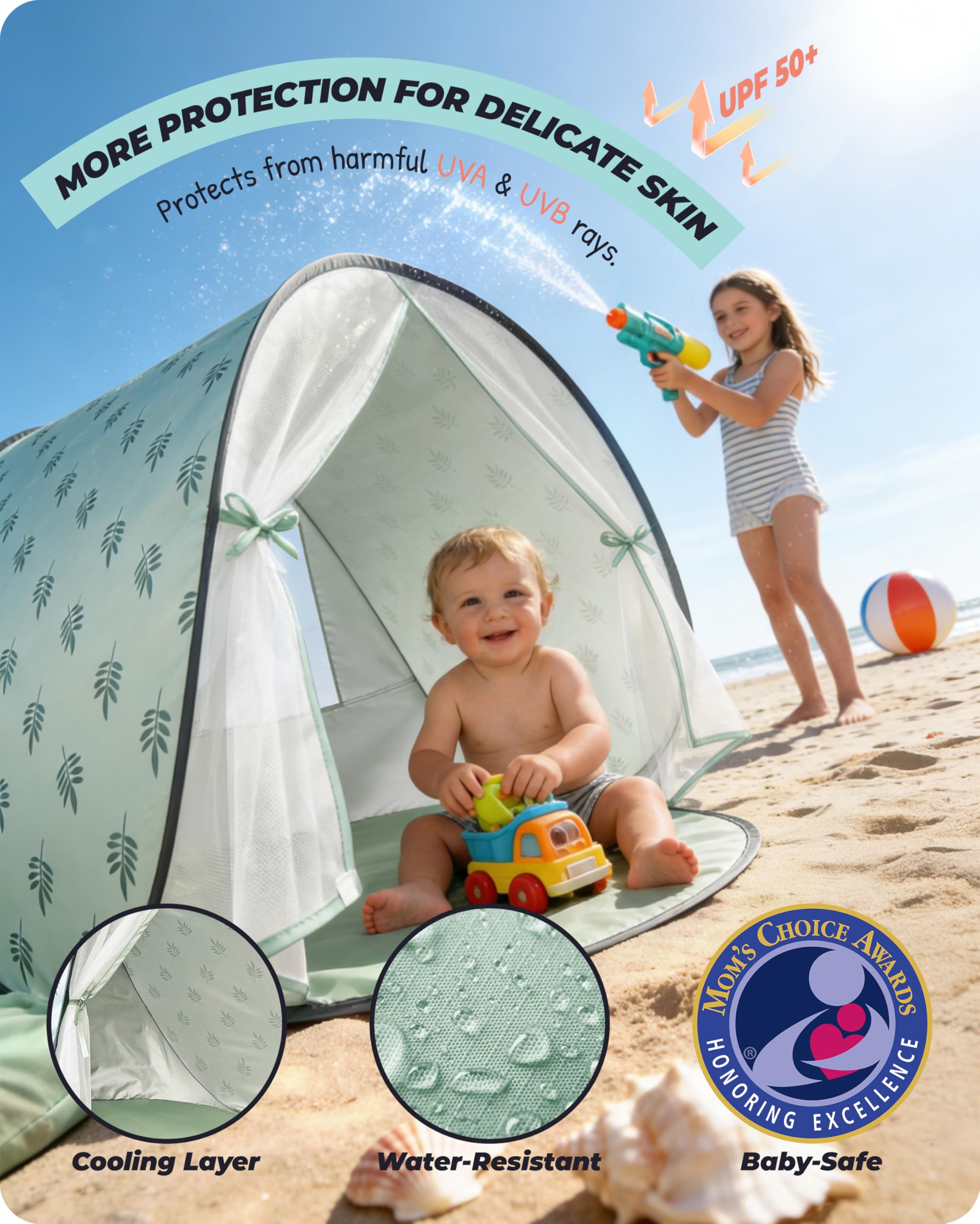 Strandmuschel Baby mit UV-Schutz UPF 50+, Pop-Up Strandzelt für Kinder, Automatischer Aufbau, inkl. Tragetasche