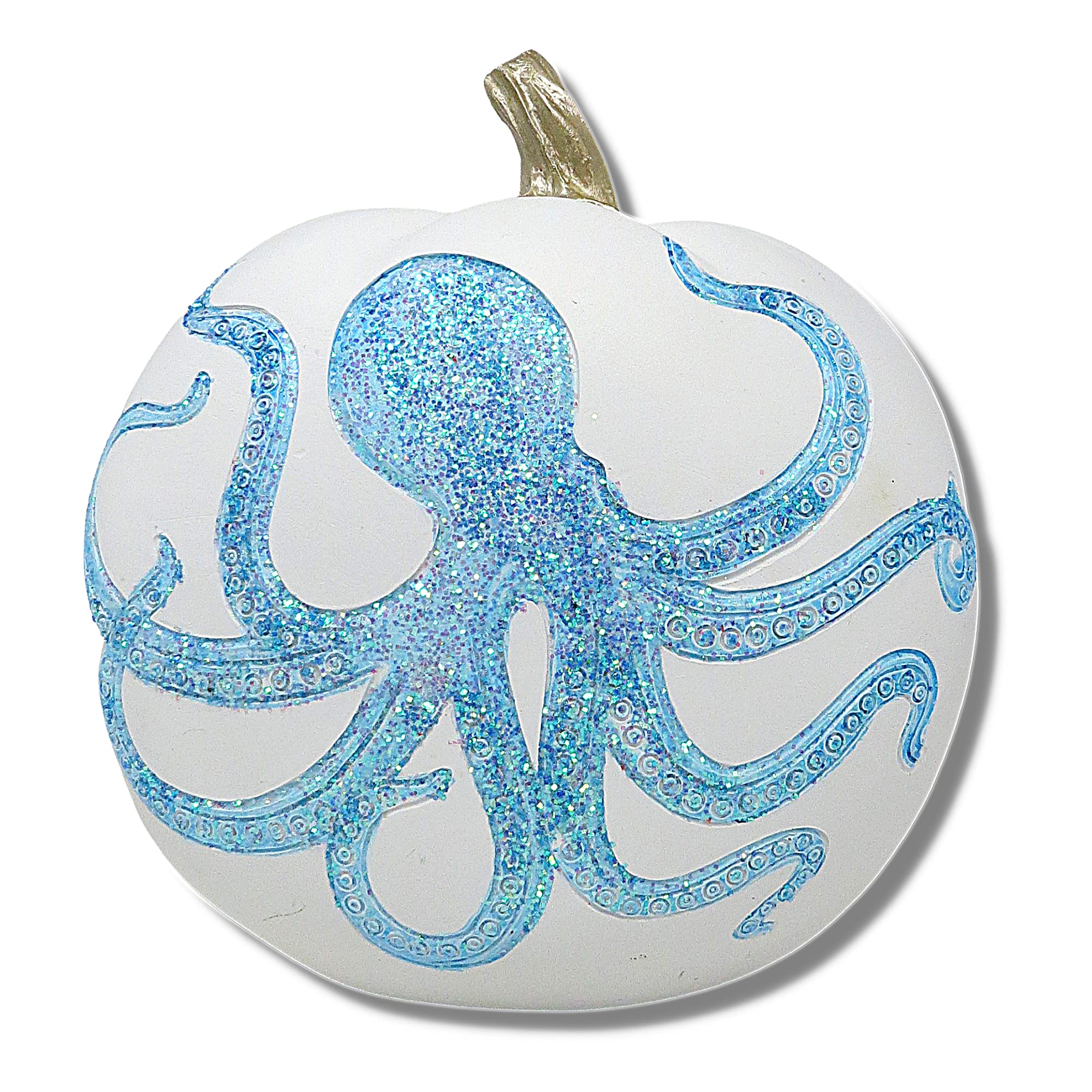 Needzo Fall at The Beach Painted Fake Pumpkin with Glittery Octopus, White Faux Slim Pumpkins Nautical Bathroom Decor for Vacation Homes, 7 Inches…
