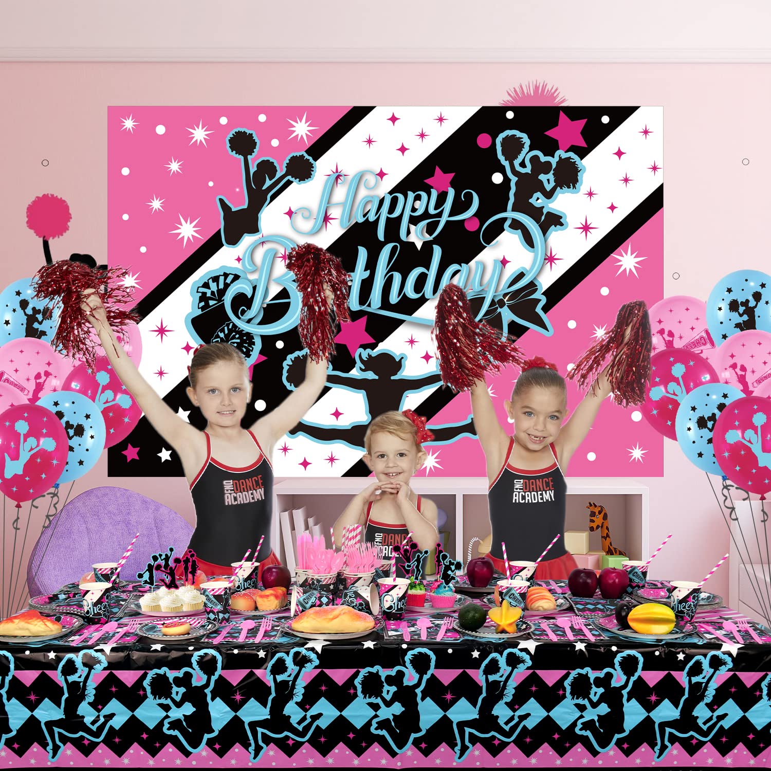 Cheerleading Party Decoration Cheerleading Hanging Swirls For Girl 8pcs Hot Pink Black Plastic Streamer Ceiling Gymnastics Birthday Decorations Fans Supplies