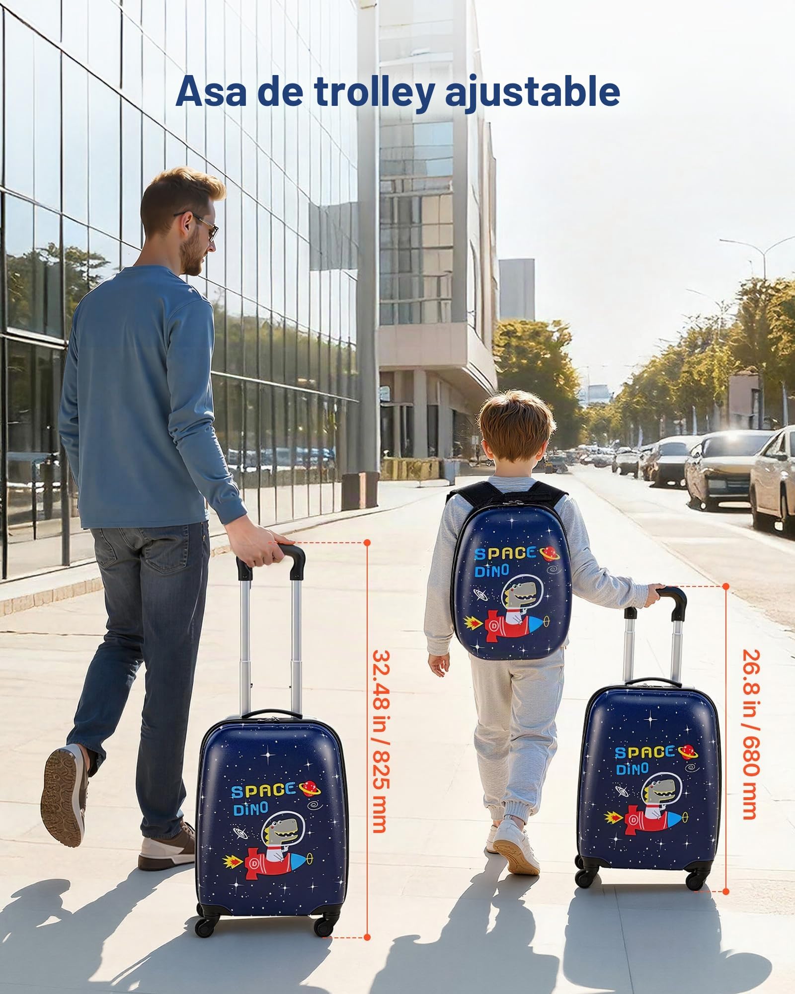 VEVOR Juego de Maletas Infantiles 2 Piezas, Maleta de Cabina con Ruedas 45,7 cm, Mochila de Carcasa Dura, Dinosaurio Azul Marino, Equipaje Infantil para Escuela Viaje Camping, Aprobado por Aerolíneas