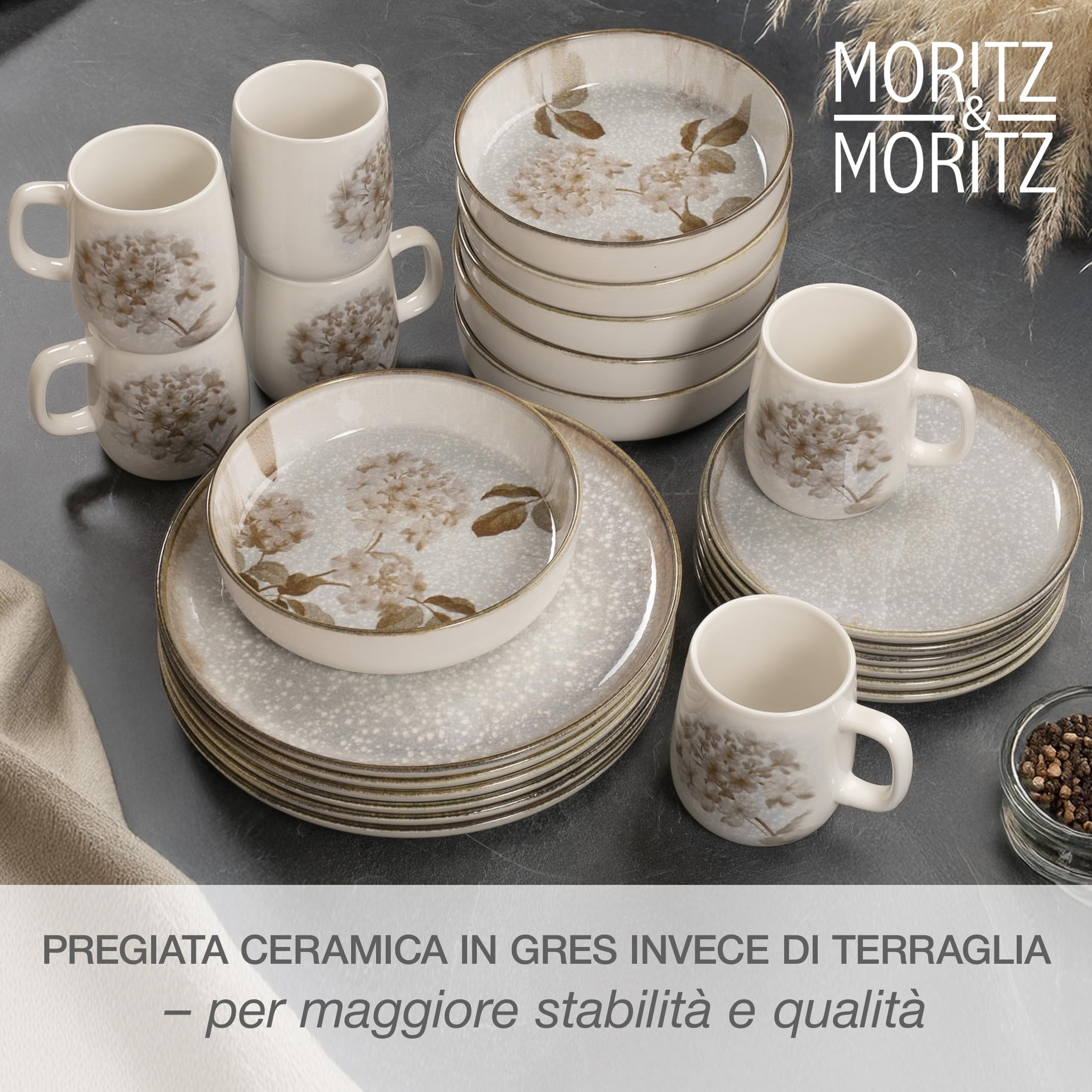 Moritz & Moritz BLOSSOM - Servizio da tavola in porcellana per 6 persone, 24 pezzi, servizio da tavola moderno con design giocoso, facile da pulire, con set di piatti, ciotole e tazze, servizio