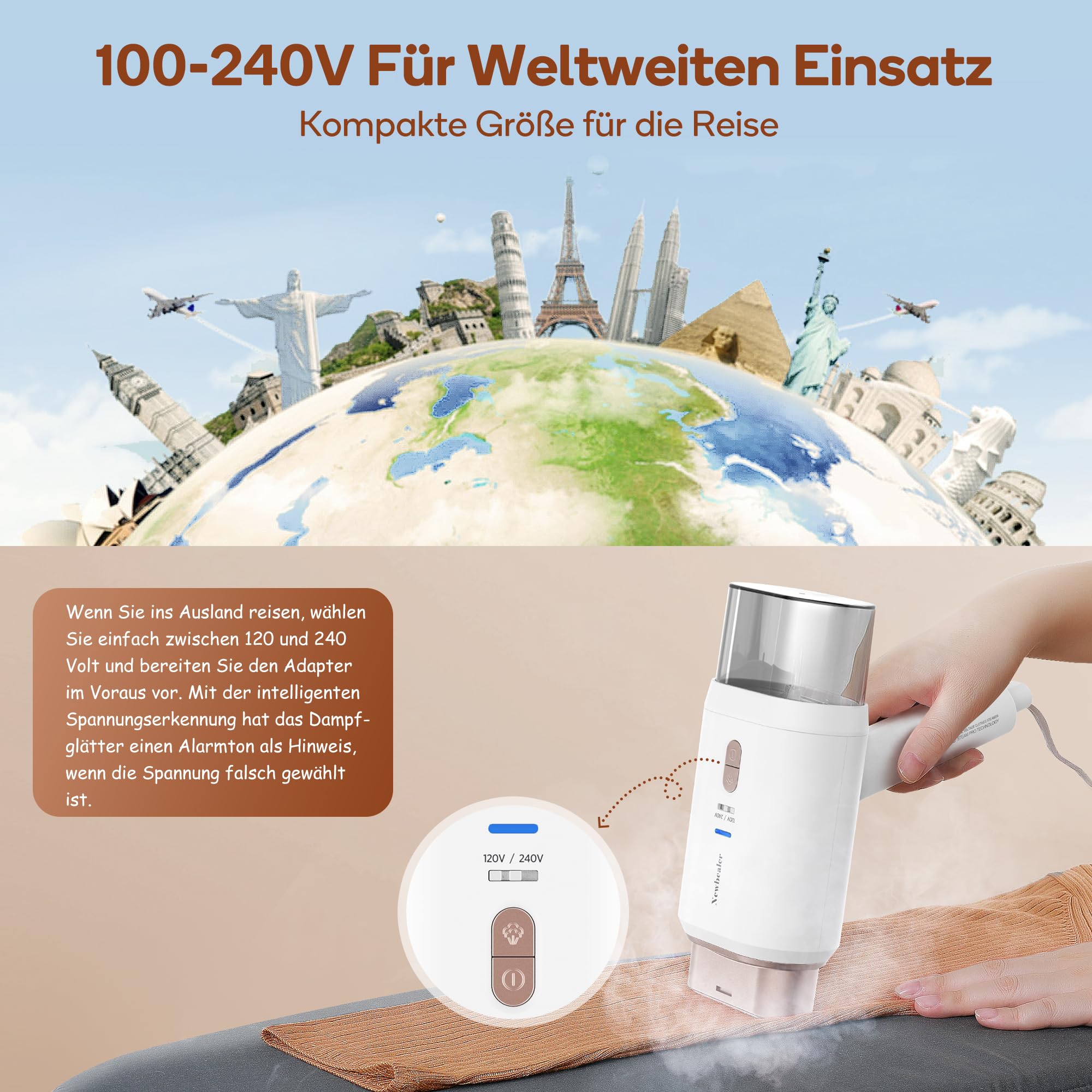 Newbealer Steamer Reise Dampfglätter, 2-in-1 Reisebügeleisen mit umschaltbarer Spannung - 220V/120V, 20s Schnelles Aufheizen, 1200W Klein & Leicht Dampfglätter für Globale Reise und Urlaub, Weiß