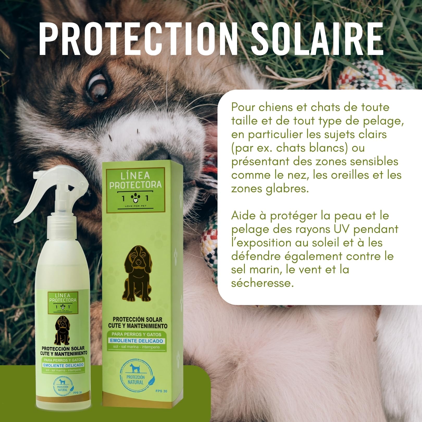 Linea 101 Creme Solaire Chien et Chat Spray 250ml Naturel et Végétal, Crème Solaire Chat Blanc, Protège Peau et Pelage du Soleil, Sel et Vent, SPF 30