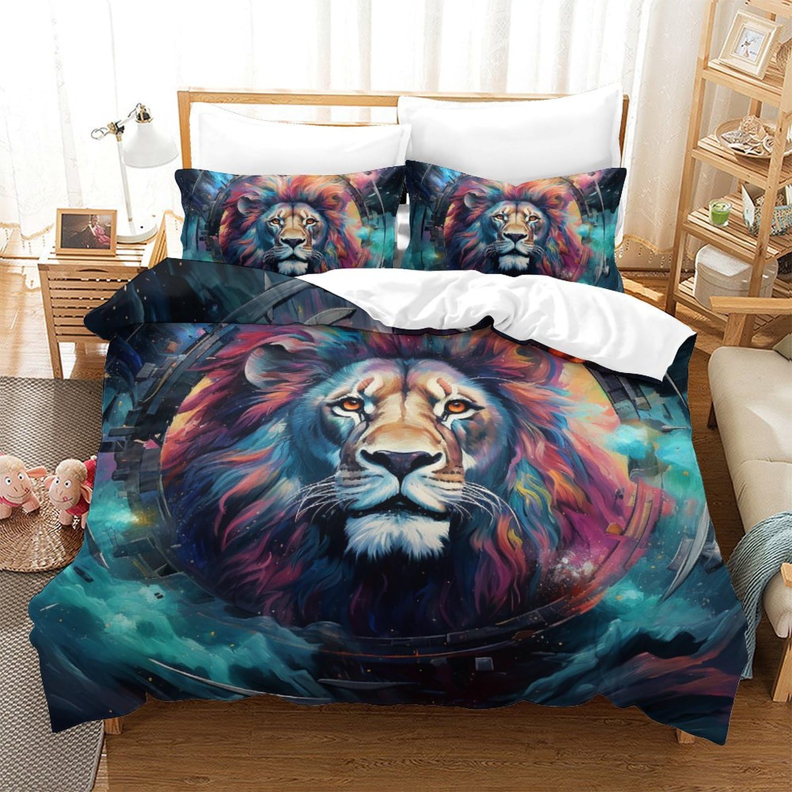 Housse de couette lion 200x200 3D avec 2 taies d'oreiller