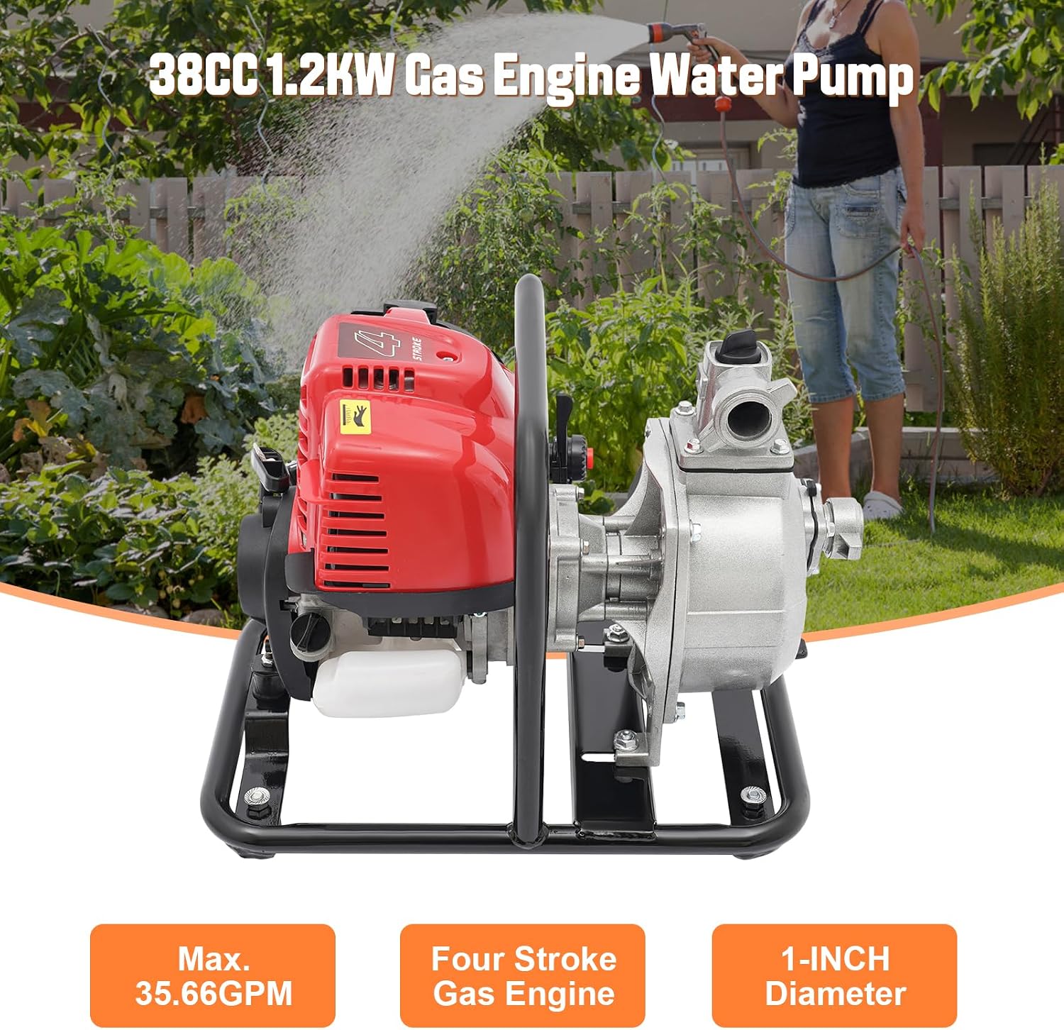 Gasoline Powered Water Pump 1inch, 1.2KW 10500 Rpm 4-Stroke Gasoline Engine, 35.66gal/min Water Transfer Pump for Irrigation 98 ft Lift 26ft Suction, Protable, Light Weight