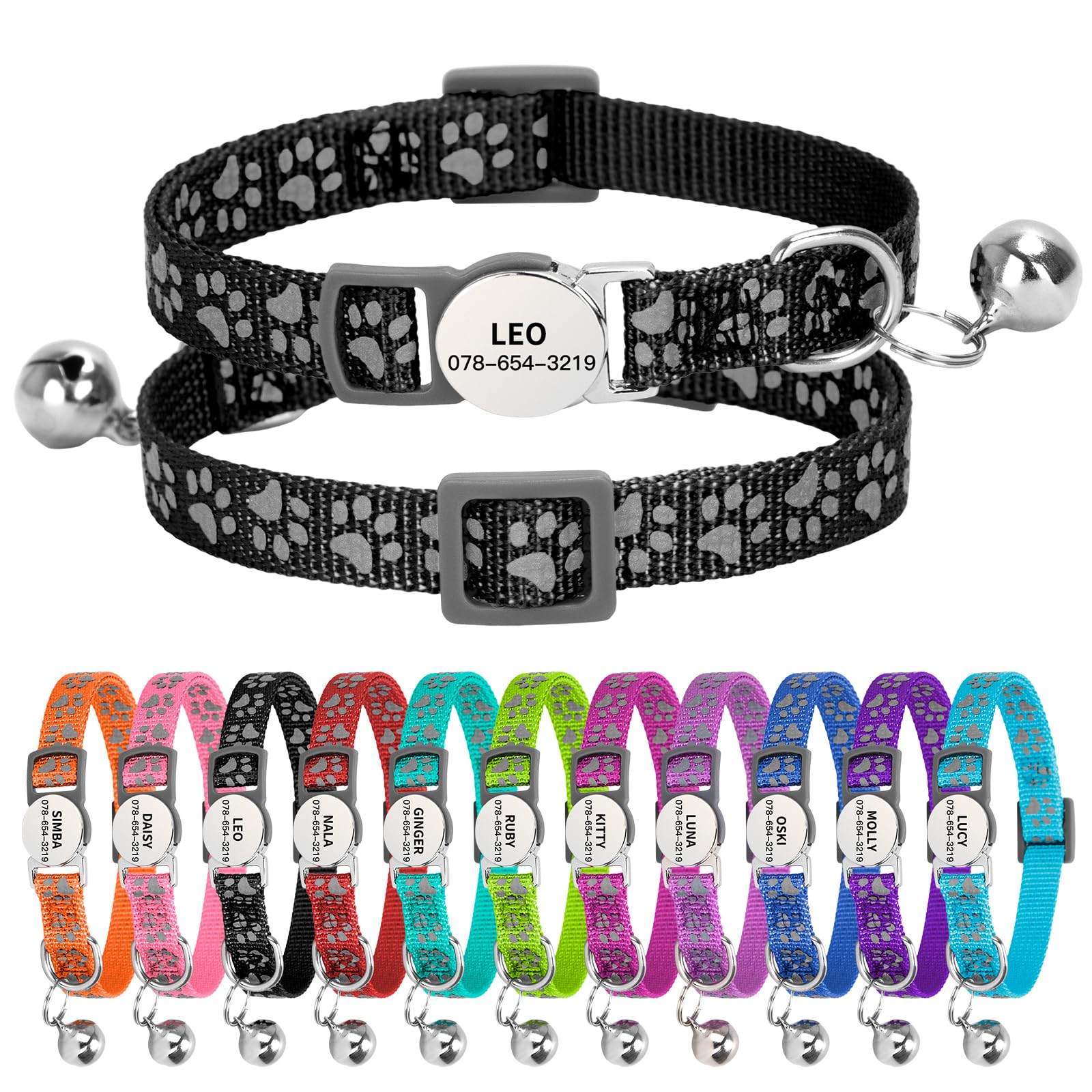 Personalised Reflective Cat Collar with Name Tag,Quick Release Kitten Collars with Bell Safety Buckle, Adjustable Nylon Cat Collar for Cats Kittens UK Prime (19–30 cm, Black Paw) — image 1