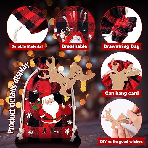 Miniatura 2 de Shappy 48 bolsas de Navidad con cordón, bolsas de arpillera a cuadros de Navidad, bolsas de lino, bolsas de regalo de fiesta de Navidad, bolsa con