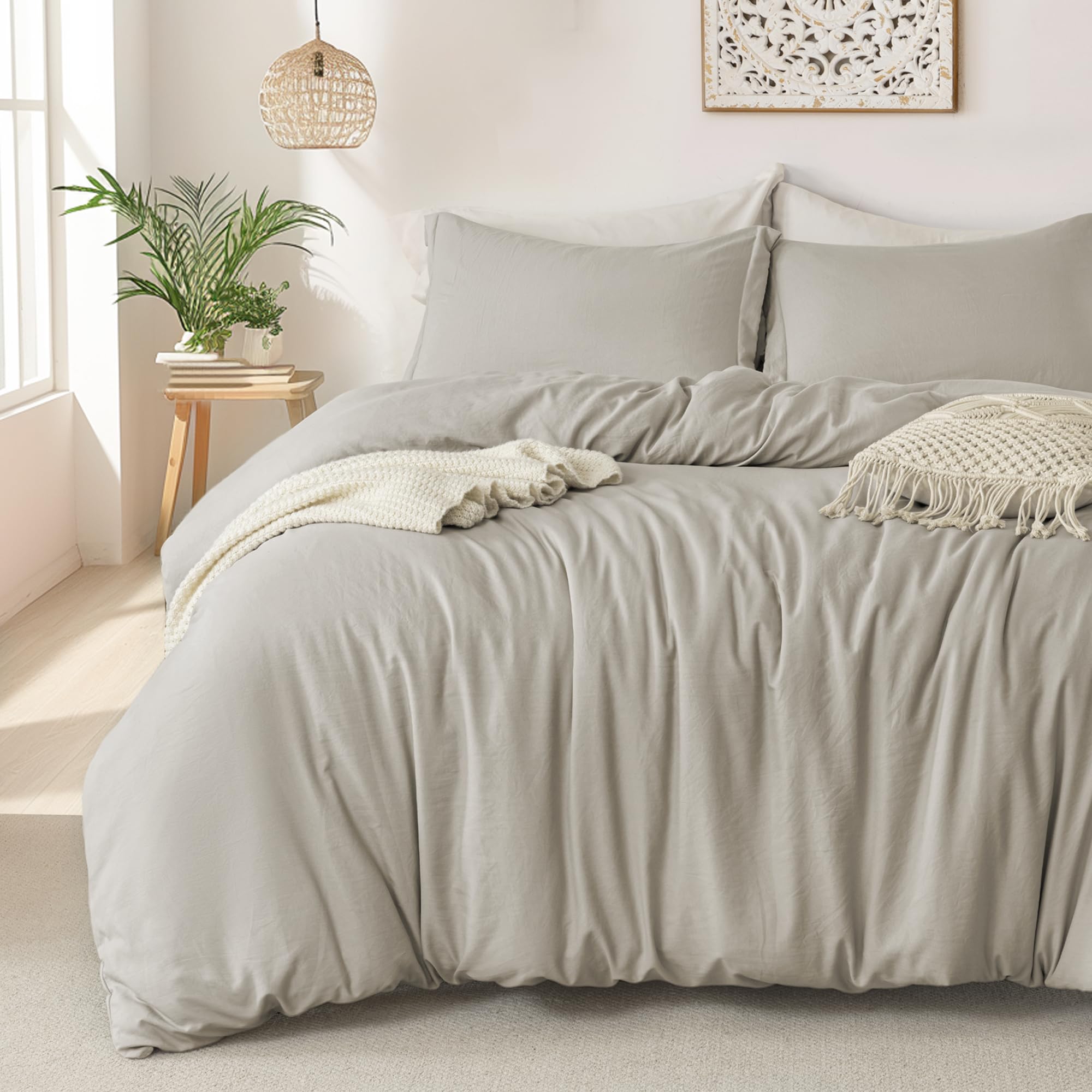 MILDLY Super Soft Duvet Cover - 100% Washed Microfiber Linen Grey Comforter Cover Set 3 Pieces with Zipper Closure & Corner Ties (No Comforter)