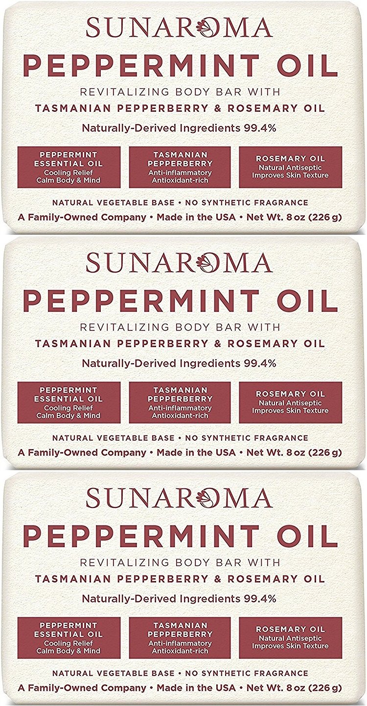 Sunaroma Peppermint Oil & Rosemary Body Bar Soap, 8 Ounce (Pack of 3)