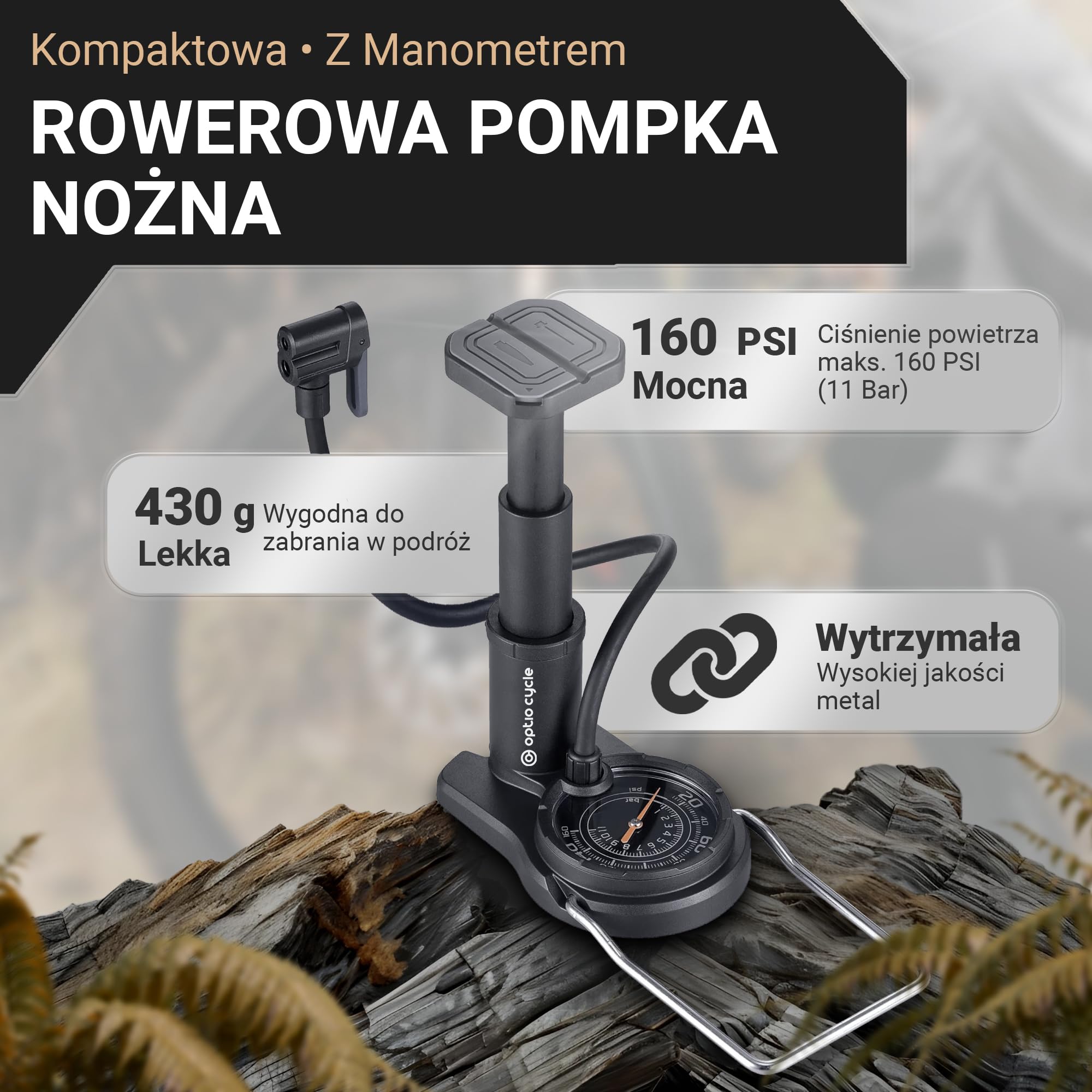 Pompka Nożna do Roweru 160 PSI / 11 Bar z Manometrem – Pompka Podłogowa na Wszystkie Zawory Presta, Schrader, Dunlop