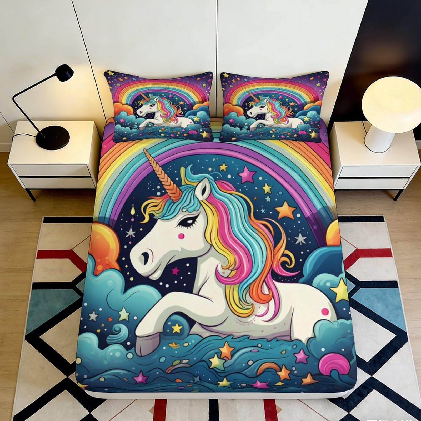 Jqzkxnhpbr Style-10 3D Printed Rainbow Unicorn Fitted Sheet Microfiber Soft Bedroom Decor Starry Sky Mattress Cover For Home Dorm 90X200x25cm