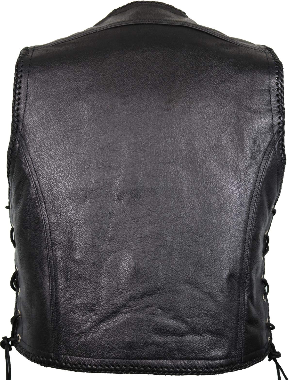 MDM Gilet pelle uomo moto – in vera pelle nera, stile biker con ganci cromati, lacci laterali regolabili e rifinitura intrecciata, ideale per patch club motociclistici