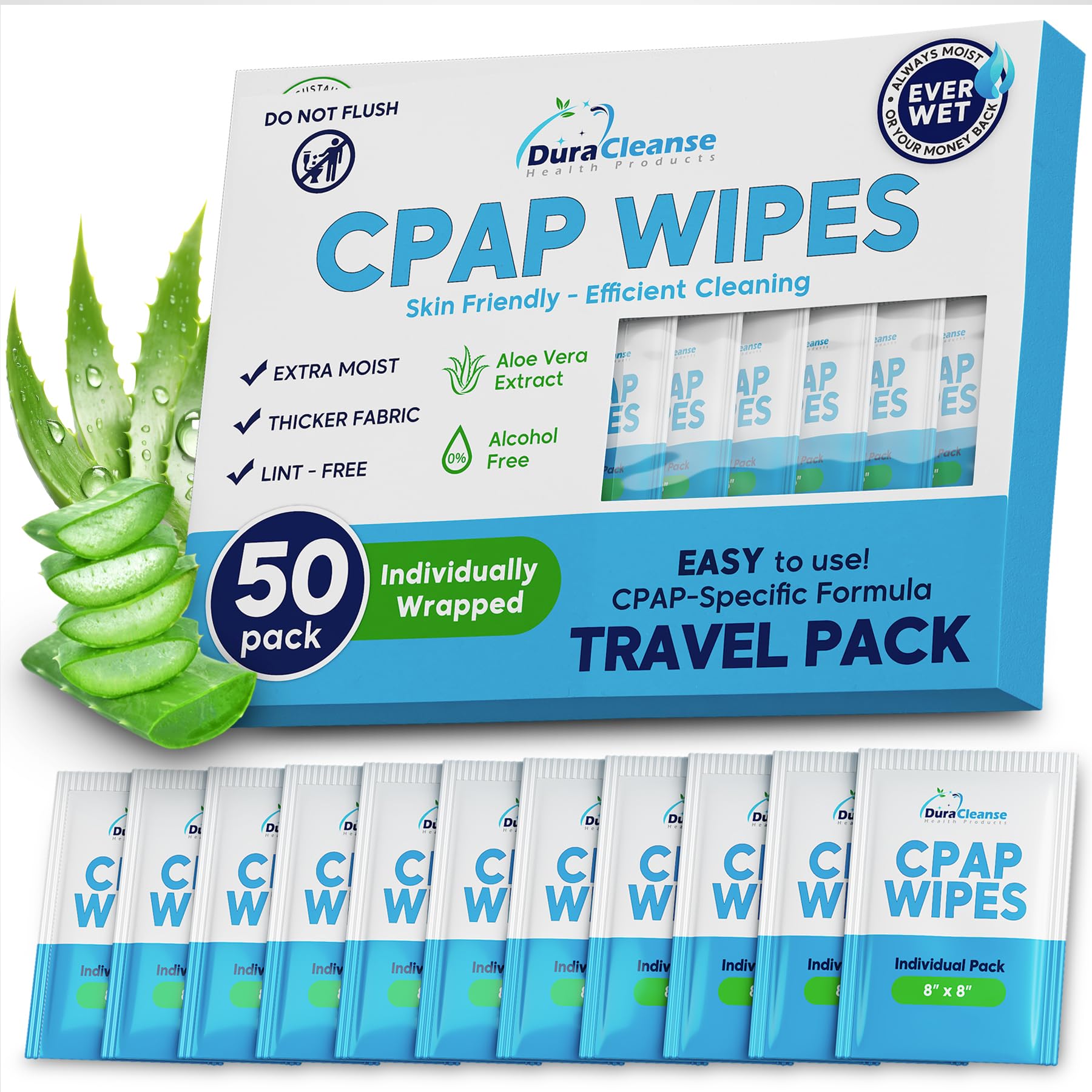 Sleep Mask Wipes - 50 Count Travel Wipes - DuraCleanse Extra Large, Extra Moist Cleaning Wipes for Full Face, Nasal Masks - Unscented Cleaner for Sleep Machine, Supplies and Accessories