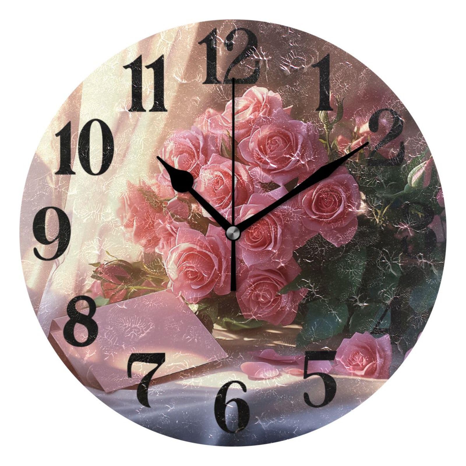 LFICRTAN Pink Roses on Table Clock for Living Room Wall Clock Round Kitchen 10 Inch Non-Ticking Silent Battery Operated Quartz Atomic Analog Clocks