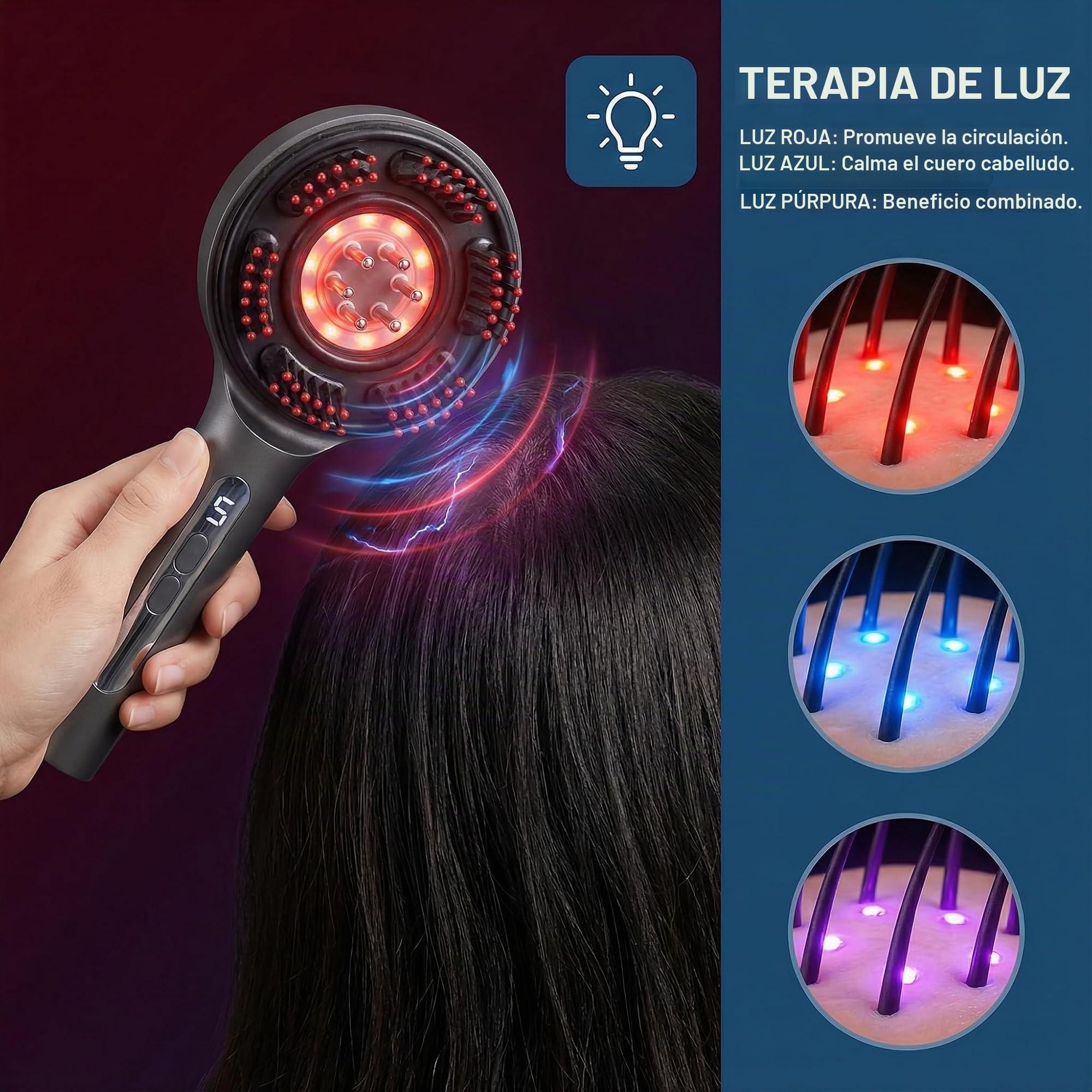 Masajeador Eléctrico para Cuero Cabelludo,2-en-1 Cepillo de Masaje con Luz Roja,Azul y Violeta,5 Niveles,IPX7 Impermeable,Masaje 360° para Cuidado del Cabello y Piel – Regalo para Hombres y Mujeres
