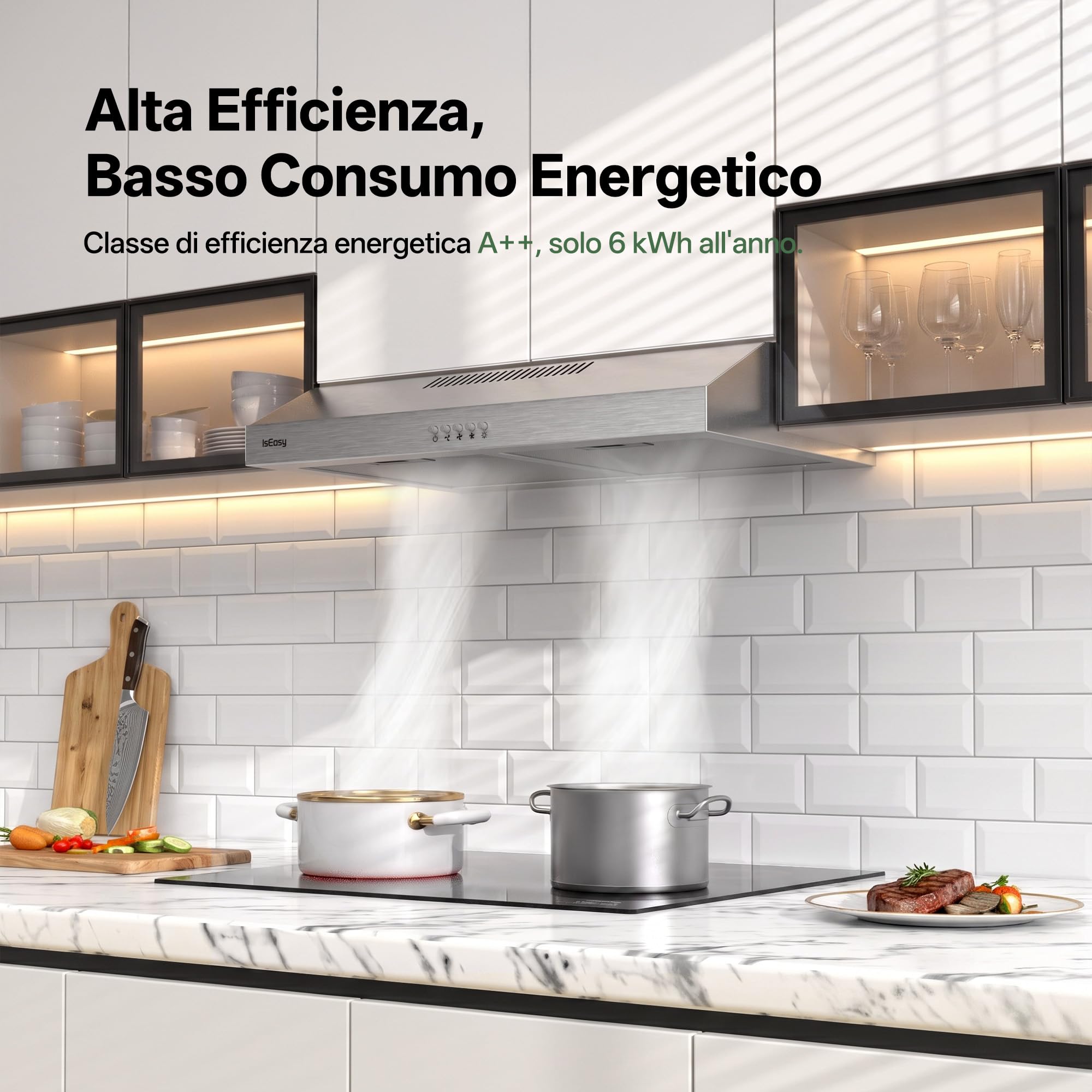 IsEasy Cappa Aspirante Sottopensile 60 cm A++ 250 m³/h, Cappa Integrata per Mobile Sottopensile, 3 Livelli, Ricircolo/Scarico, Lampada LED 2 W, Filtro Carbone X1, 60 dB, Acciaio Inossidabile Argento