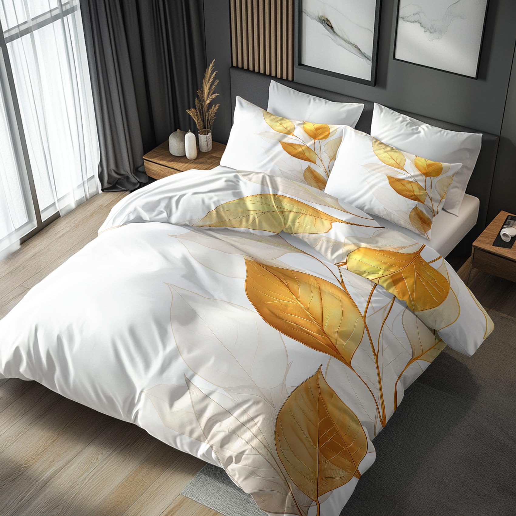 Nogawa Gold White Gold Leaf King Size Duvet Cover Sets - Leaves Bedding Set - Reversible Quilt Cover & 2 Pillowcases With Zip And Ties, Ultra Soft And Non Iron Brushed Microfibre Bed Set 230X220