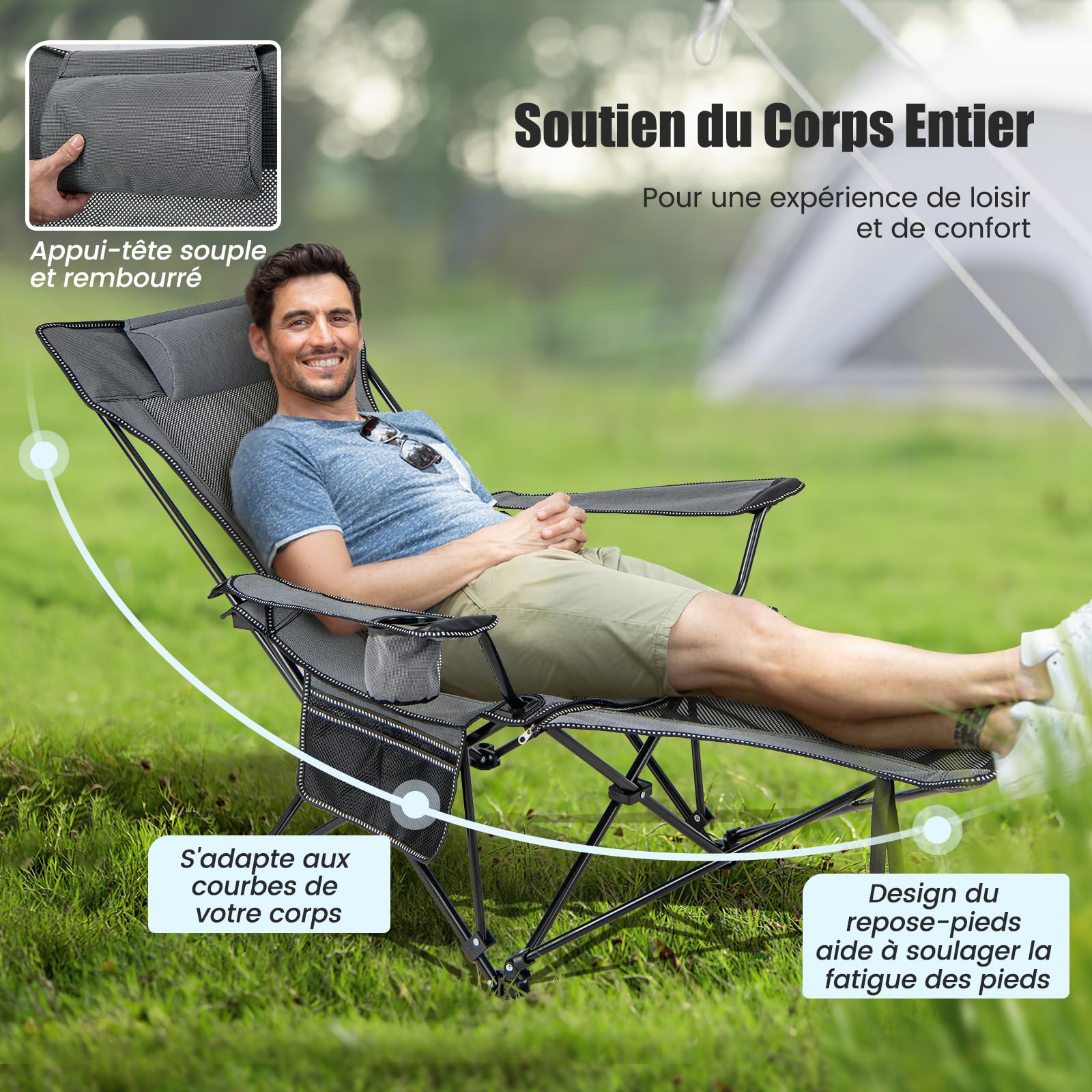 COSTWAY Chaise Pliante Camping, Chaise Longue Réglable sur 4 Positions, Repose-Pieds Amovible, Appui-Tête, Poche, Porte-Gobelet, Fauteuil Inclinable pour Plage Pêche Bureau, Charge 150 KG, Gris