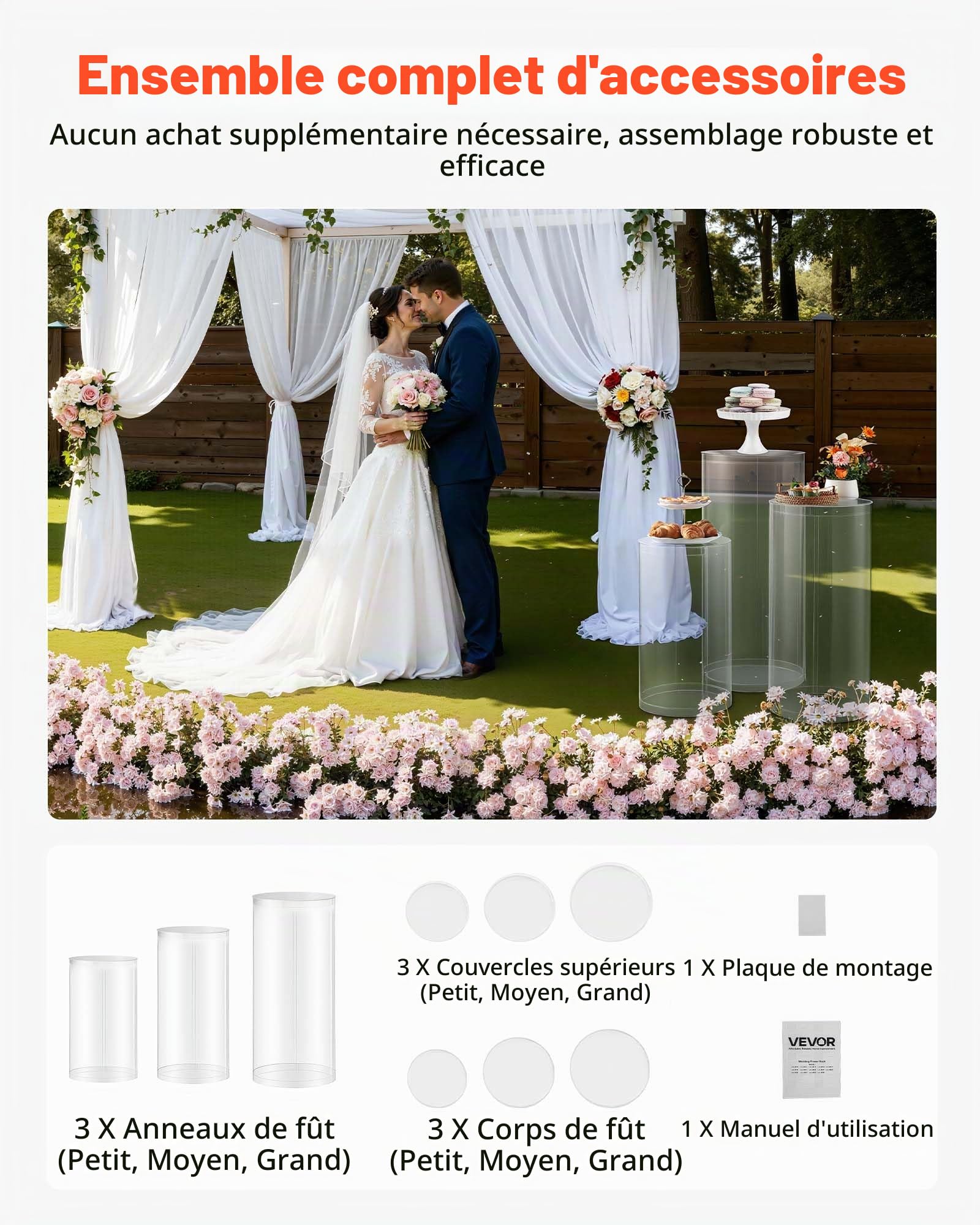 VEVOR Support Fleur Mariage Cylindrique Lot de 3 Support Cylindre Anniversaire 60/75/90 cm Présentoir Fleurs Mariage pour Mariages Fêtes Anniversaires Déco Artistique, Charge 15 kg Couvercle Acrylique