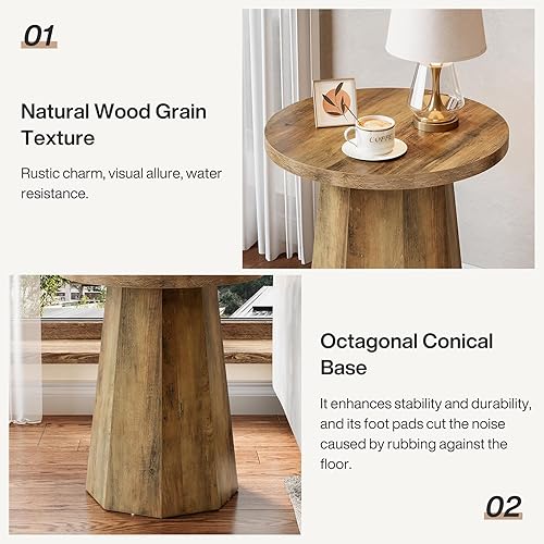 Miniatura 5 de Tribesigns Mesa auxiliar redonda con pedestal, mesa auxiliar de sofá de granja con base octogonal, mesita de noche con acento de madera para bebidas