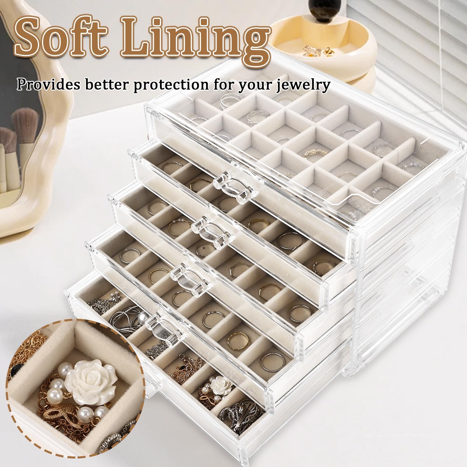 YAYODS Organisateur de Bijoux en Acrylique à 5 Tiroirs - Boîte à Bijoux Transparente avec Doublure en Velours Beige - Rangement Modulable pour Boucles d'Oreilles, Bagues et Colliers sur la Coiffeuse