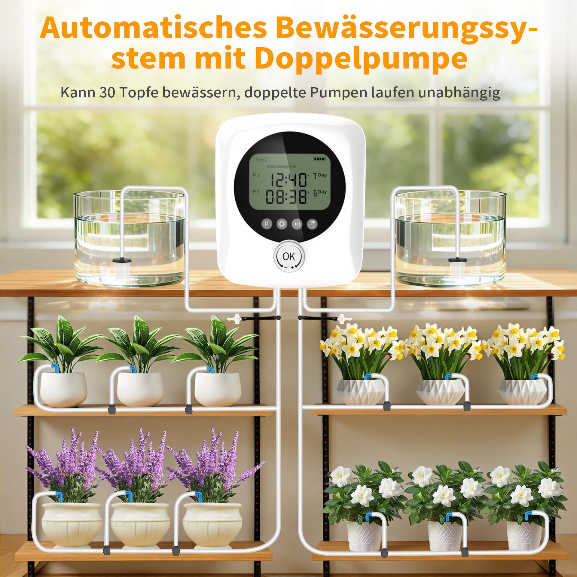 Automatische Bewässerung Pflanzen BewässerungssystemTropfbewässerung Indoor Garten Bewässerung mit Doppelte Pumpe Unabhängige Kontrolle, DIY Tropfbewässerungsset mit Einstellbar für Balkon