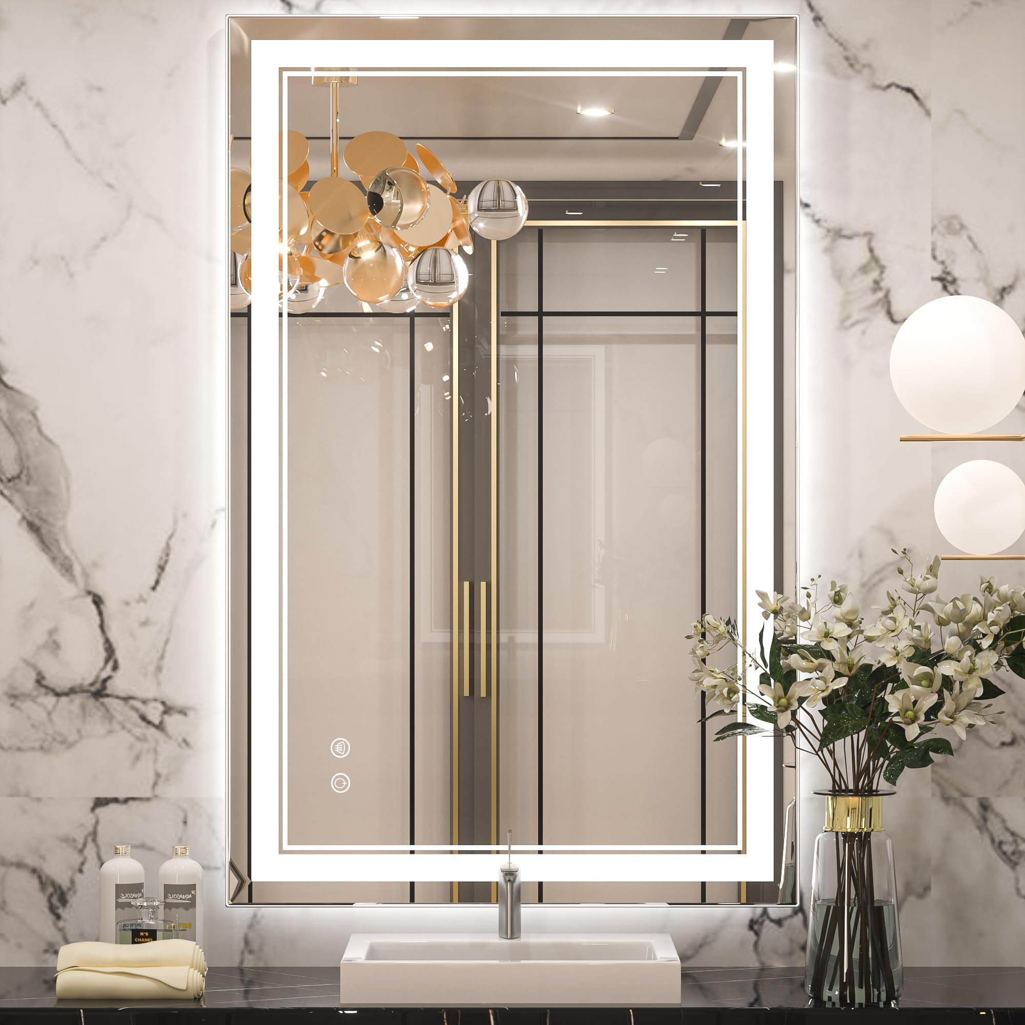 Keonjinn LED Bathroom Mirror with Lights, 40 x 24 Inch Front Lighted Vanity Mirror, HD Tempered Glass, UL-Listed LED Driver, Anti-Fog, 6000K Dimmale, Memory Function, Easy Installation