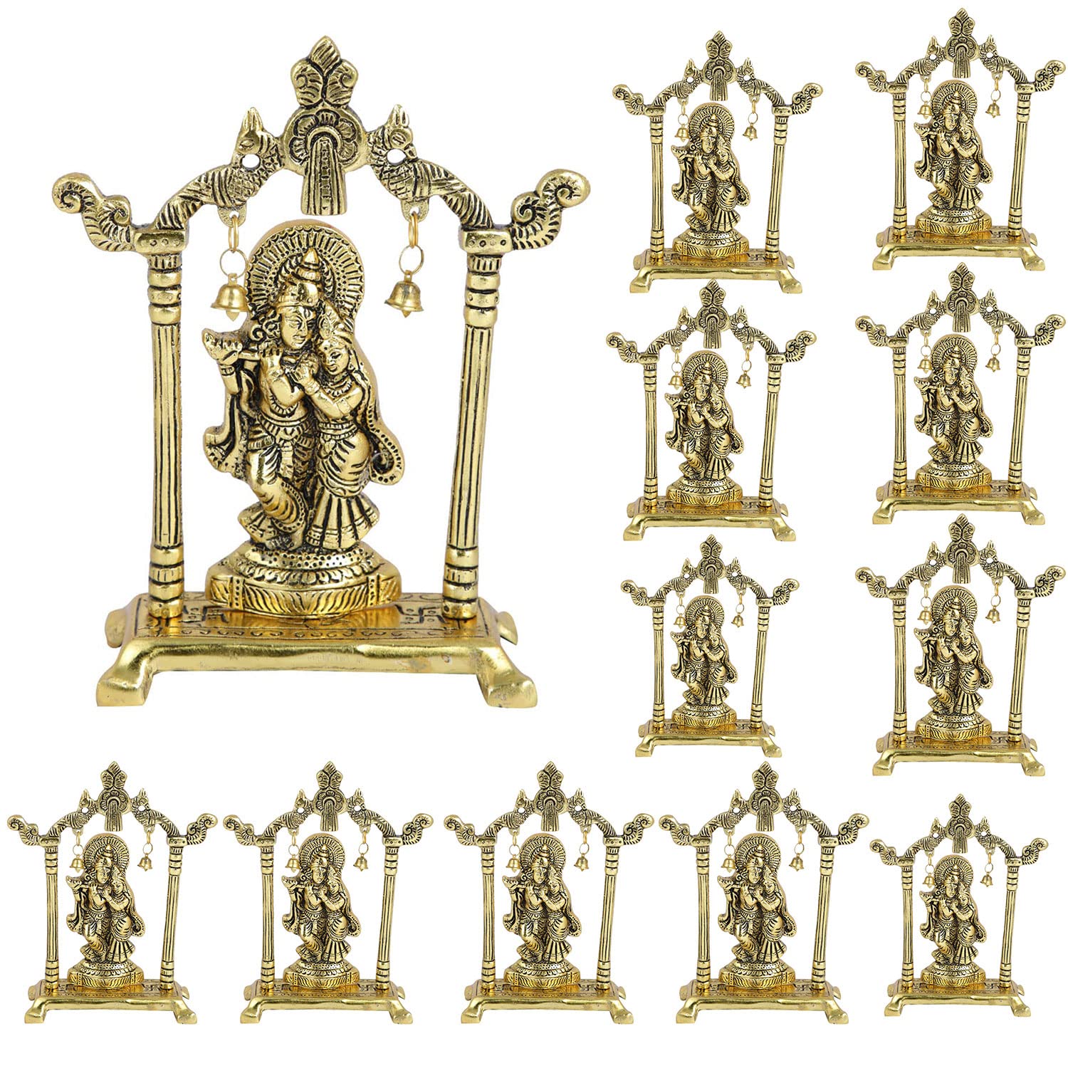 Collectible India Metal Gold Plated Radha Krishna Idol Sculpture Statue Figurine Decorative Showpiece for Janmashtami Home Decoration Temple and Gift (Size 7 x 5 Inches) (15 Pieces), Idol