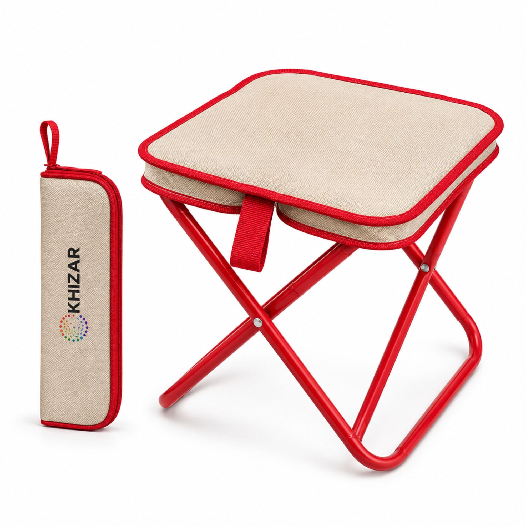 KHIZAR Portable Folding Stool 100kg Capacity Lightweight Travel Chair with Zipper Handbag Compact Foldable Seat for Camping Hiking Fishing Queue Outdoor Events Picnic Garden Stool (Beige)-image-14
