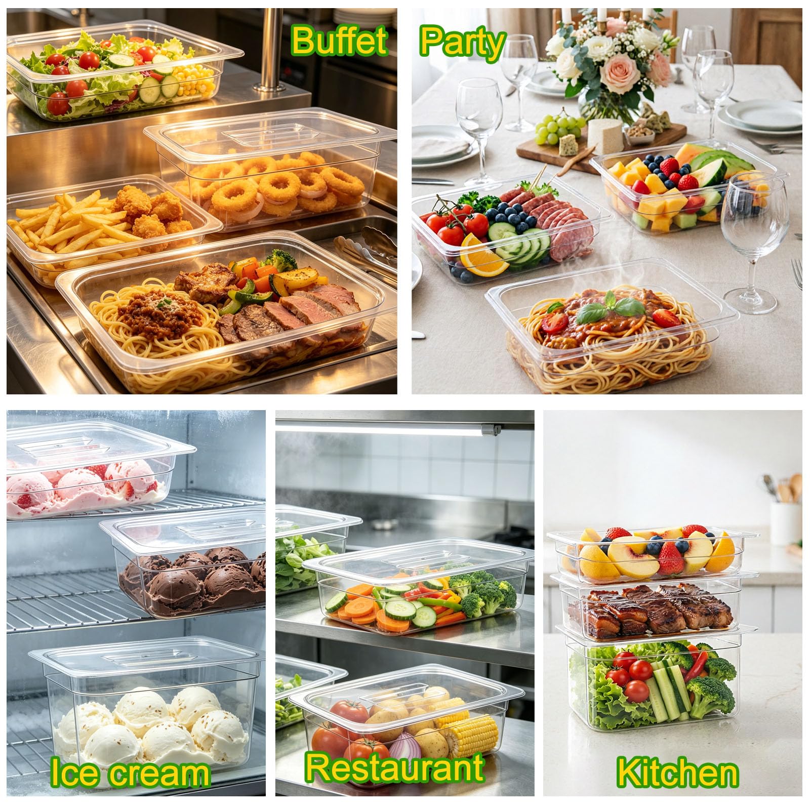 Confezione da 6 teglie per alimenti in plastica profonde da 15,2 cm, con coperchio, in policarbonato, per ristoranti, commerciali, impilabili, trasparenti, con coperchio, per frutta, verdura