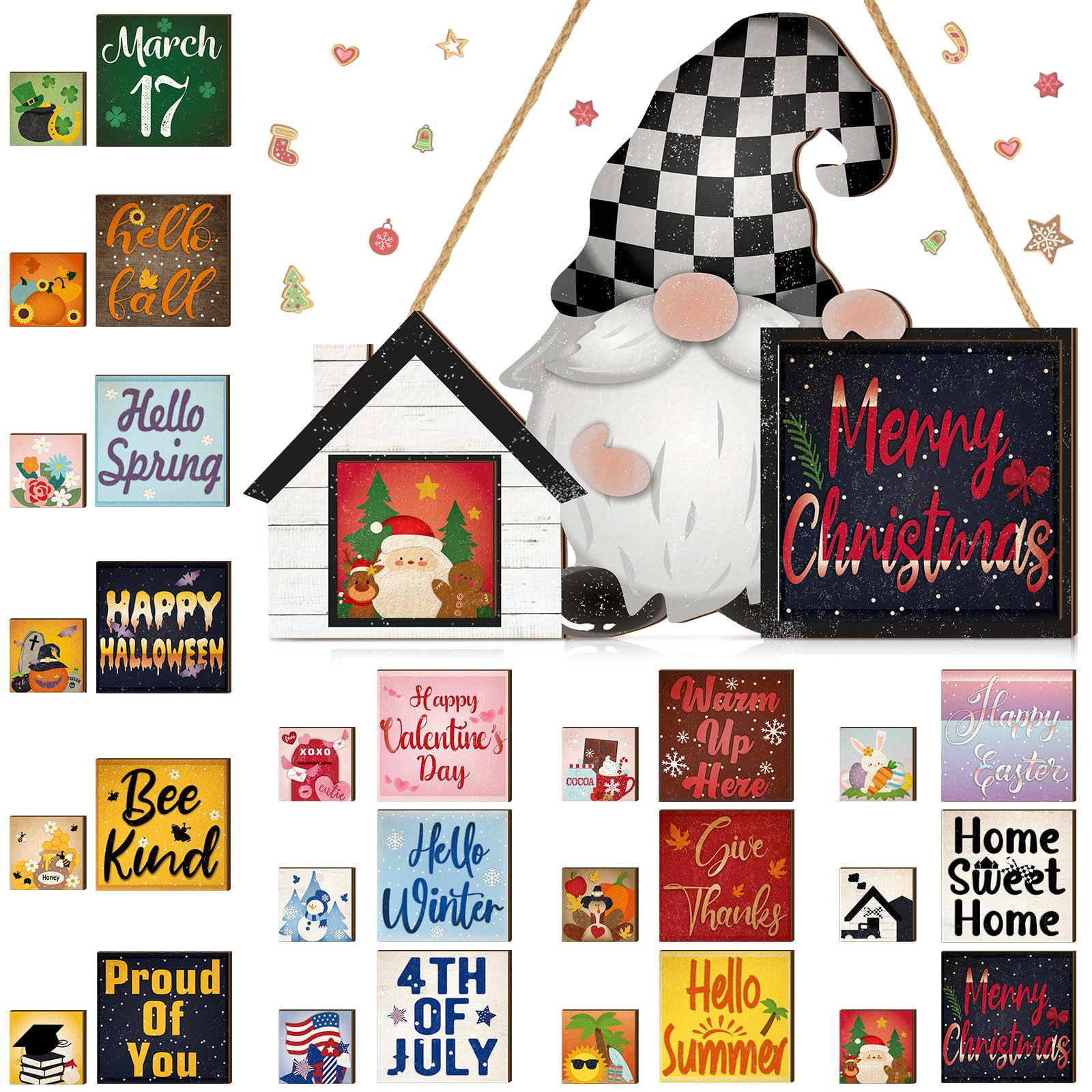 Thyle 31 Pcs Interchangeable Wooden Gnome sign Seasonal Gnome sign for Front Door Wood Gnome Door Hanger with Detachable Magnet Gnome Decorations for Home Wall Christmas Winter DIY Holiday Decor