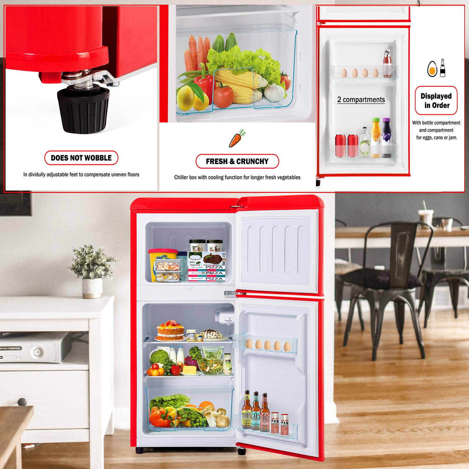 Lodówka Retro 60 L, Mini Lodówka Z Zamrażarką, Połączenie Lodówki I Zamrażarki, 22-Litrowa Komora Zamrażarki, 38-Litrowa Komora Lodówki, Klasa Energetyczna E, 102 Kwh/Rok,Red
