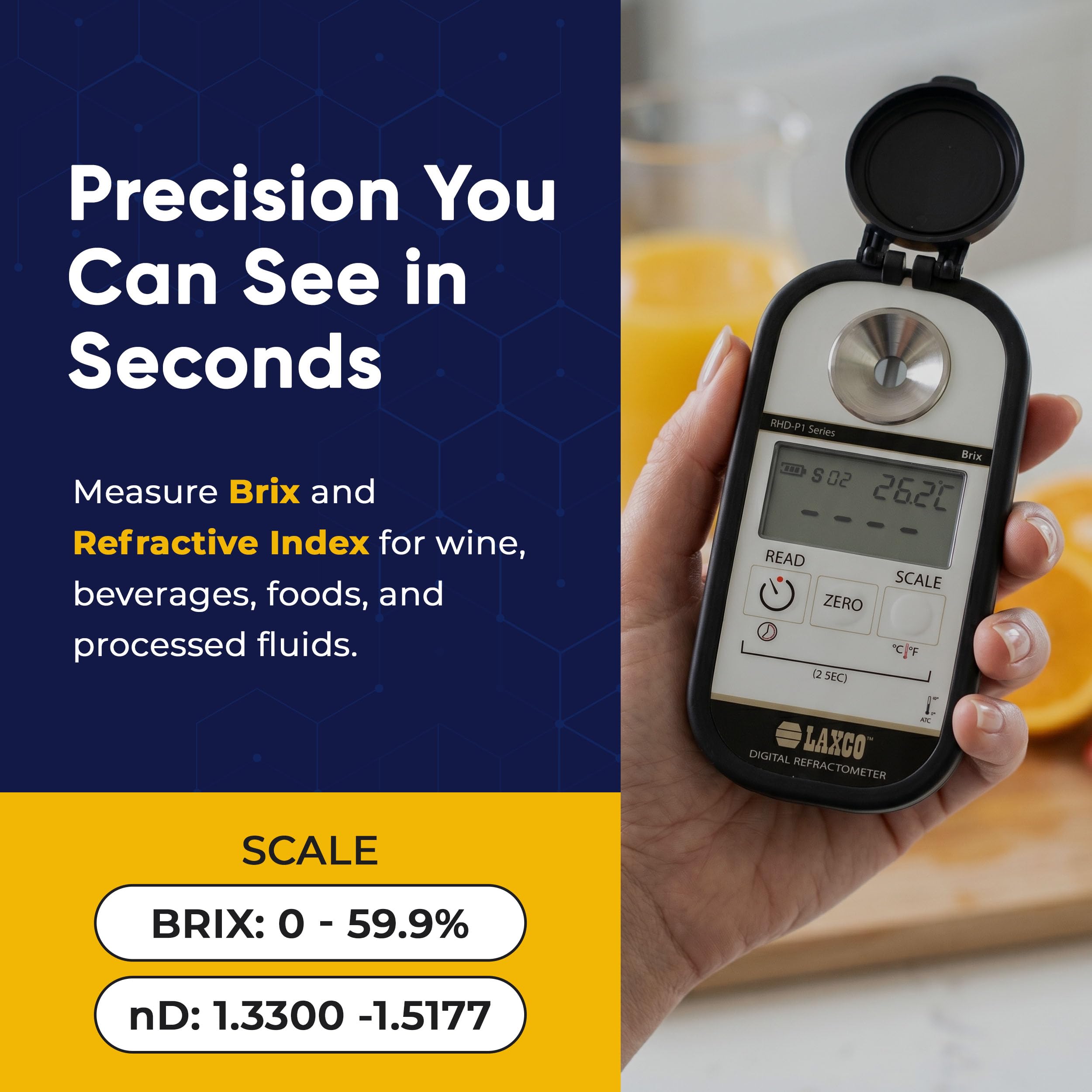 Digitales Refraktometer 0-59.1 Brix und 1.3300-1.5177 Brechungsindexbereich, tragbares Handzucker-Konzentrationsmessgerät für Labor, Lebensmittelverarbeitung, Saft- und Lösungstests