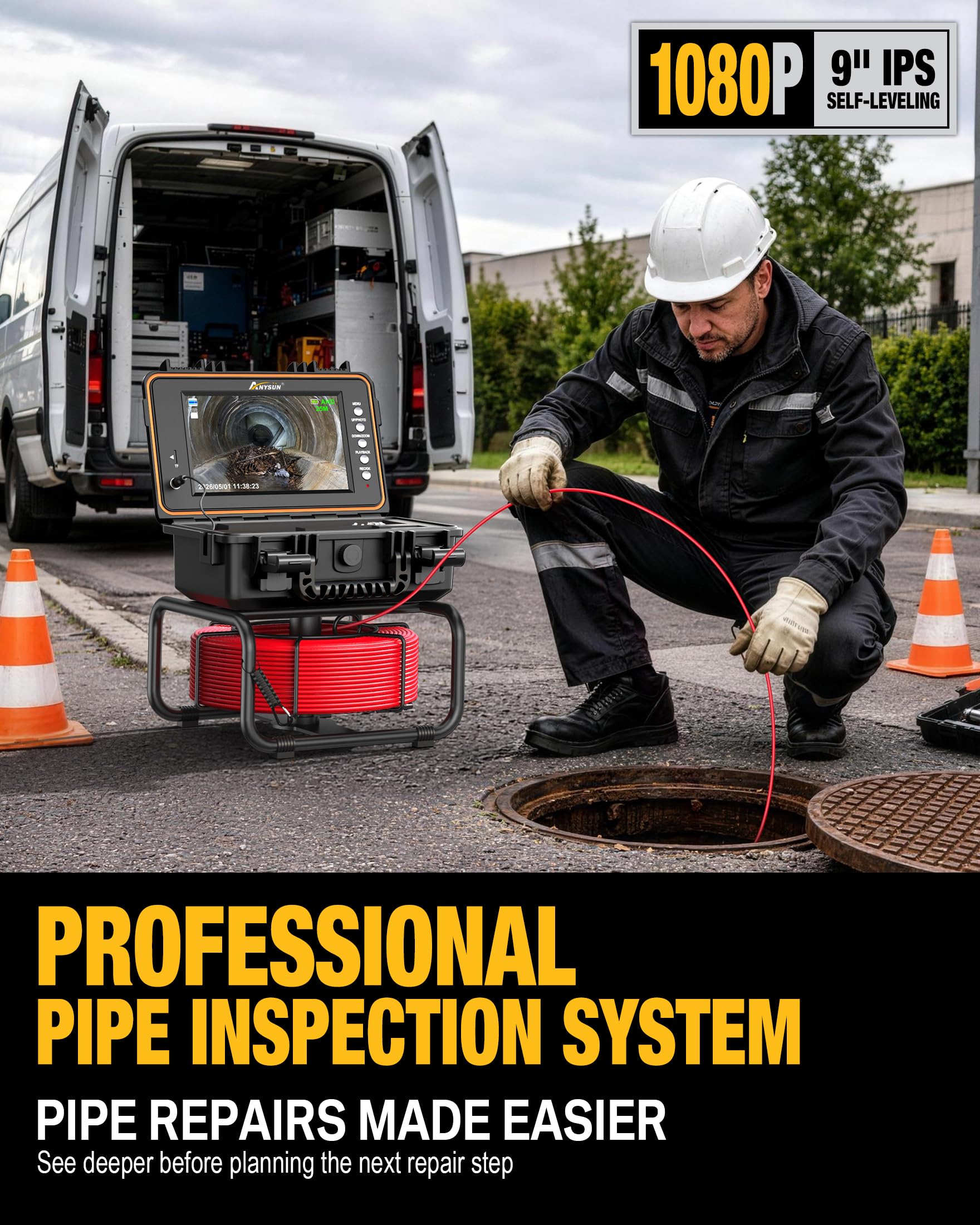 Anysun Caméra Inspection Canalisation Autonivelante avec Sonde 512Hz, Compteur Métrique, Endoscope Industriel Plomberie 1080P, Écran IPS 9", DVR, 23mm Caméra IP68 Étanche pour Détection Fuite Bouchon