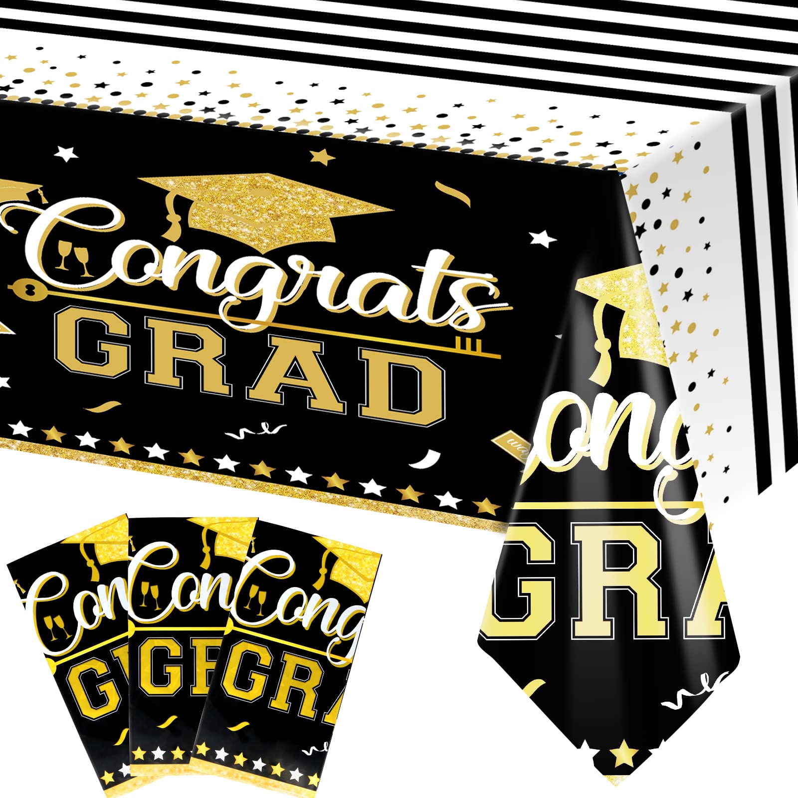 ZMCINER 3Pcs Graduation Tablecloth, Graduation Decorations Large Size Plastic 54"x108" Graduation Tablecloth, Congrats Grad Table Clothes Decor for 2023 Graduation Party Supplies- Black